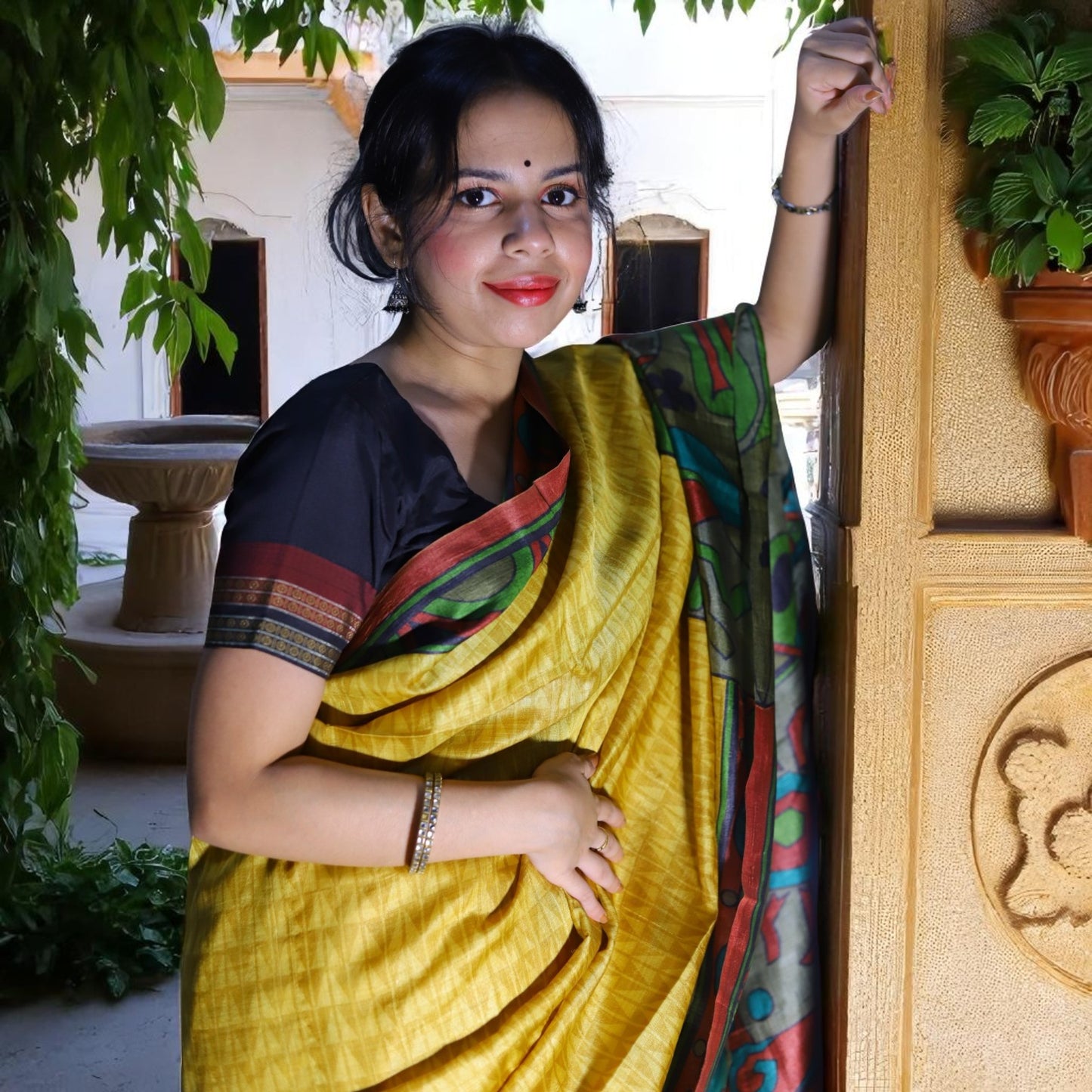 Yellow Printed Tussar Silk Saree