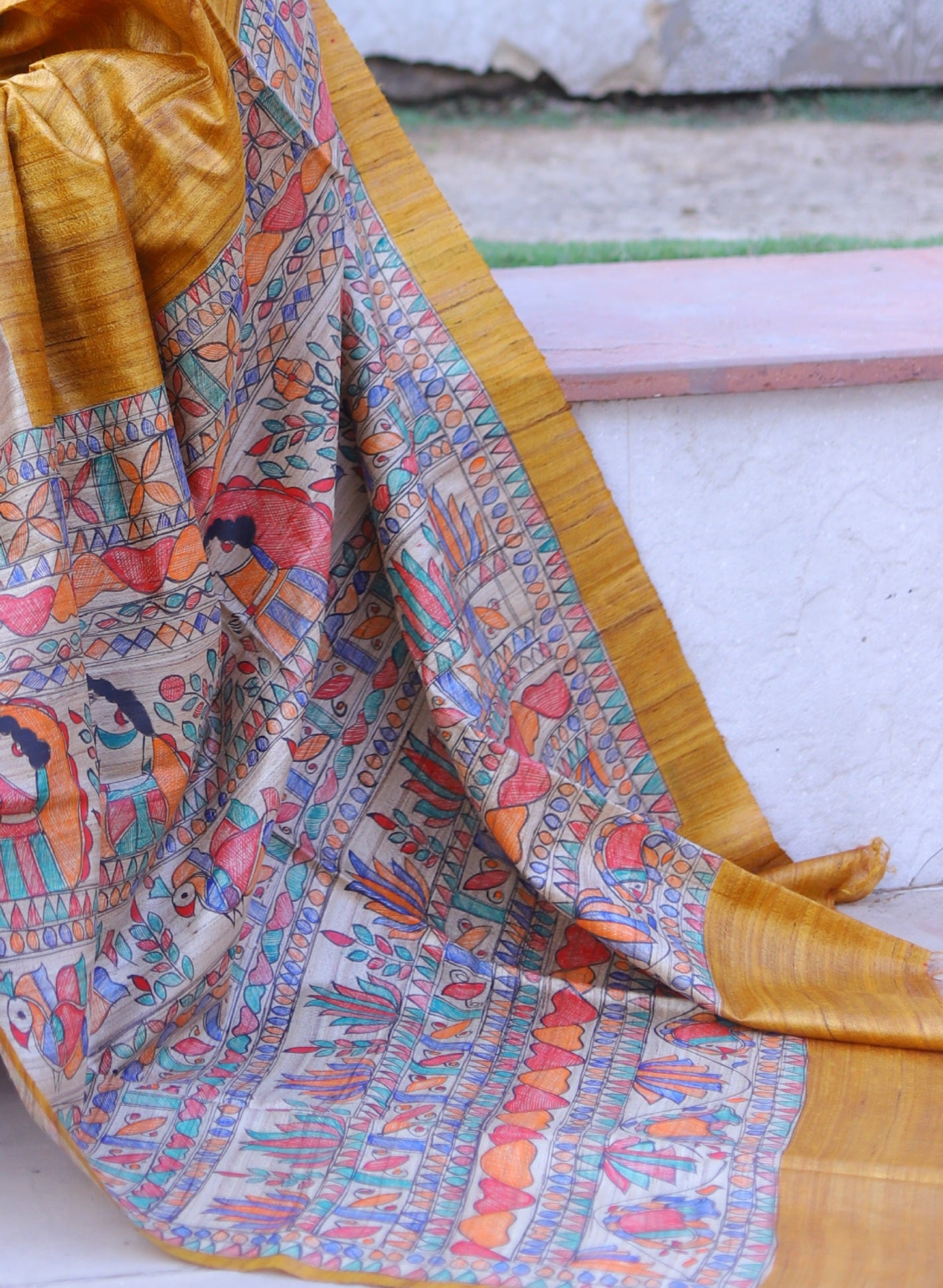 Mustard Yellow Handpainted Handloom Tussar Silk Saree