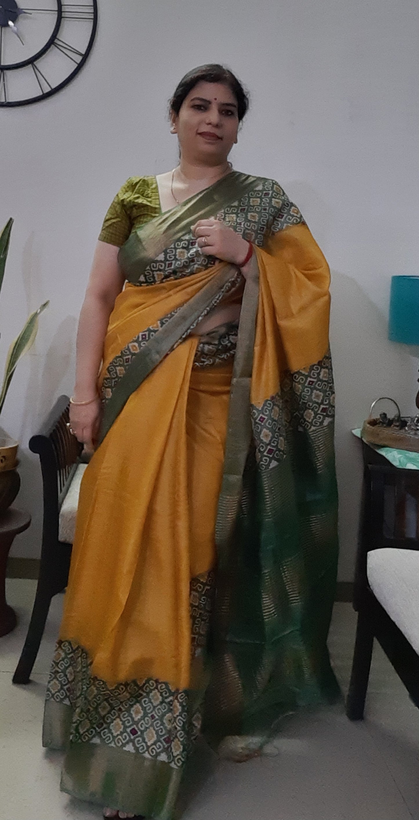 Mustard Yellow Pure Tussar Silk Saree With Green Ajrak Print