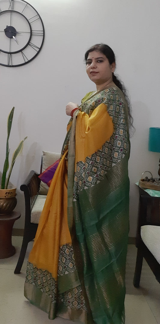 Mustard Yellow Pure Tussar Silk Saree With Green Ajrak Print