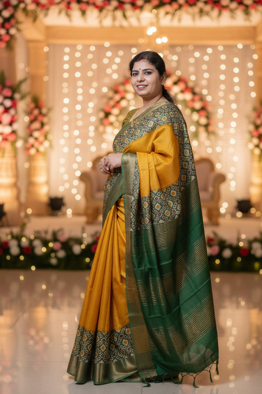 Mustard Yellow Pure Tussar Silk Saree With Green Ajrak Print