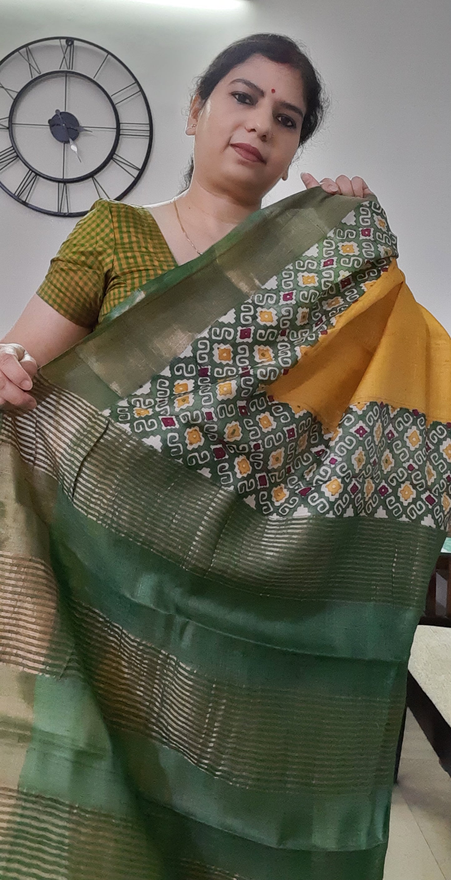 Mustard Yellow Pure Tussar Silk Saree With Green Ajrak Print