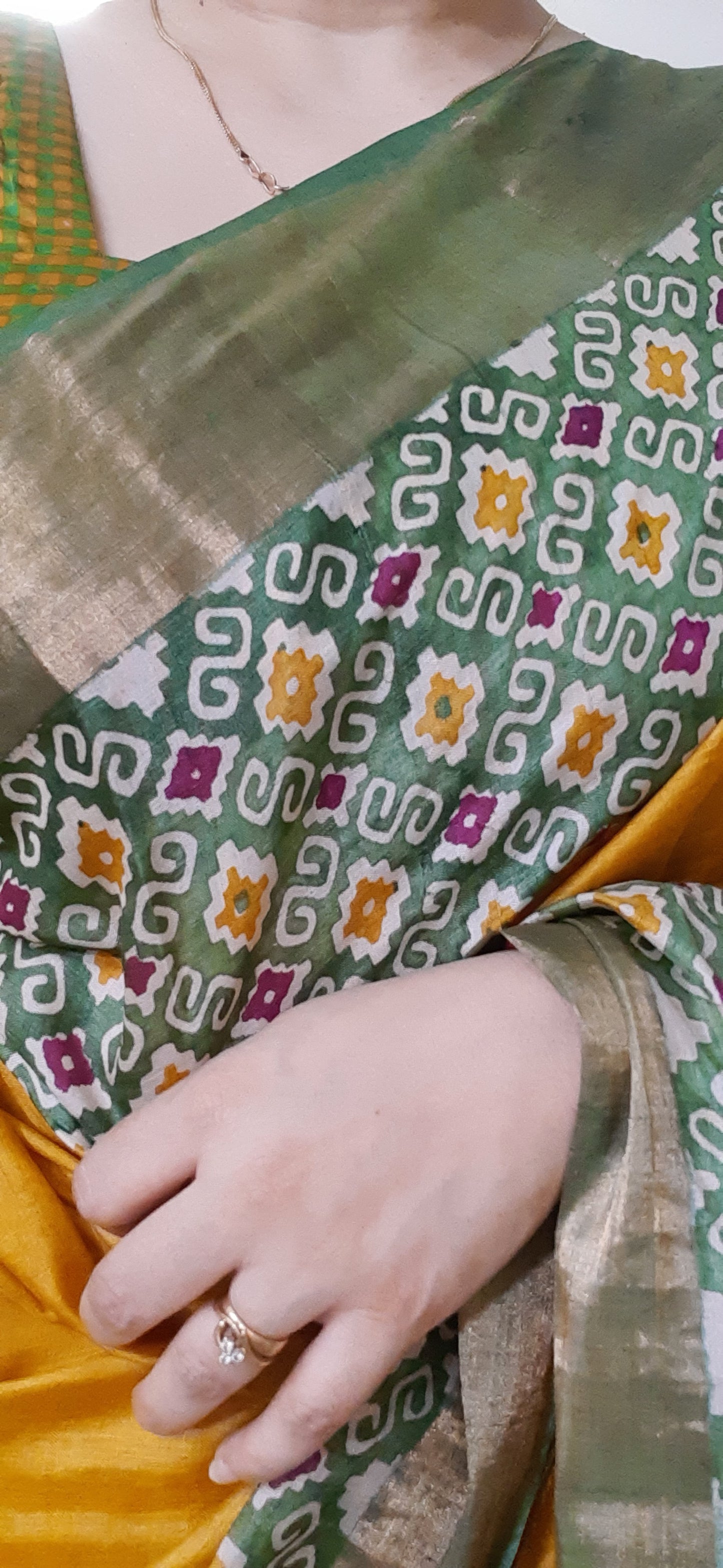 Mustard Yellow Pure Tussar Silk Saree With Green Ajrak Print