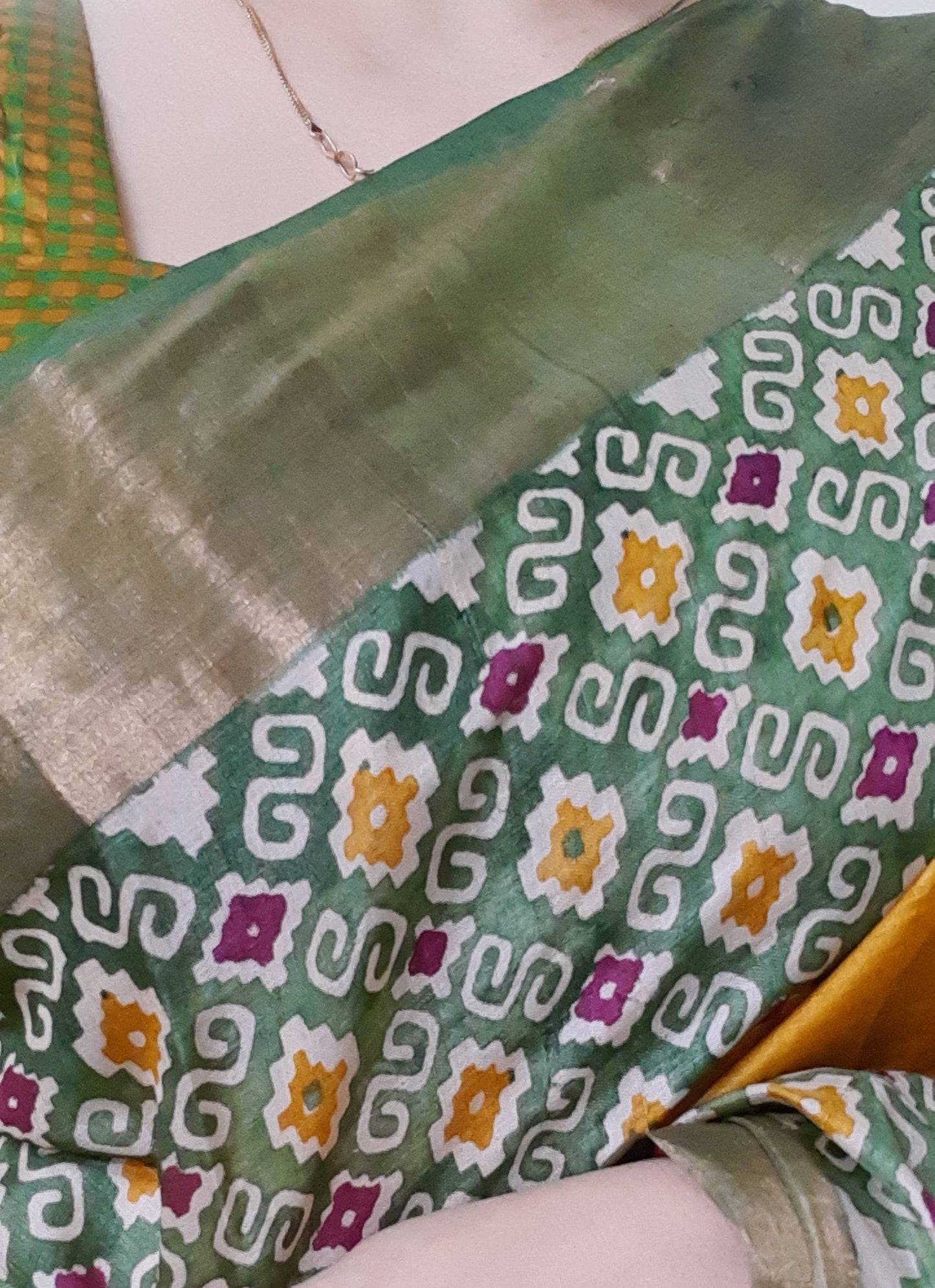 Mustard Yellow Pure Tussar Silk Saree With Green Ajrak Print