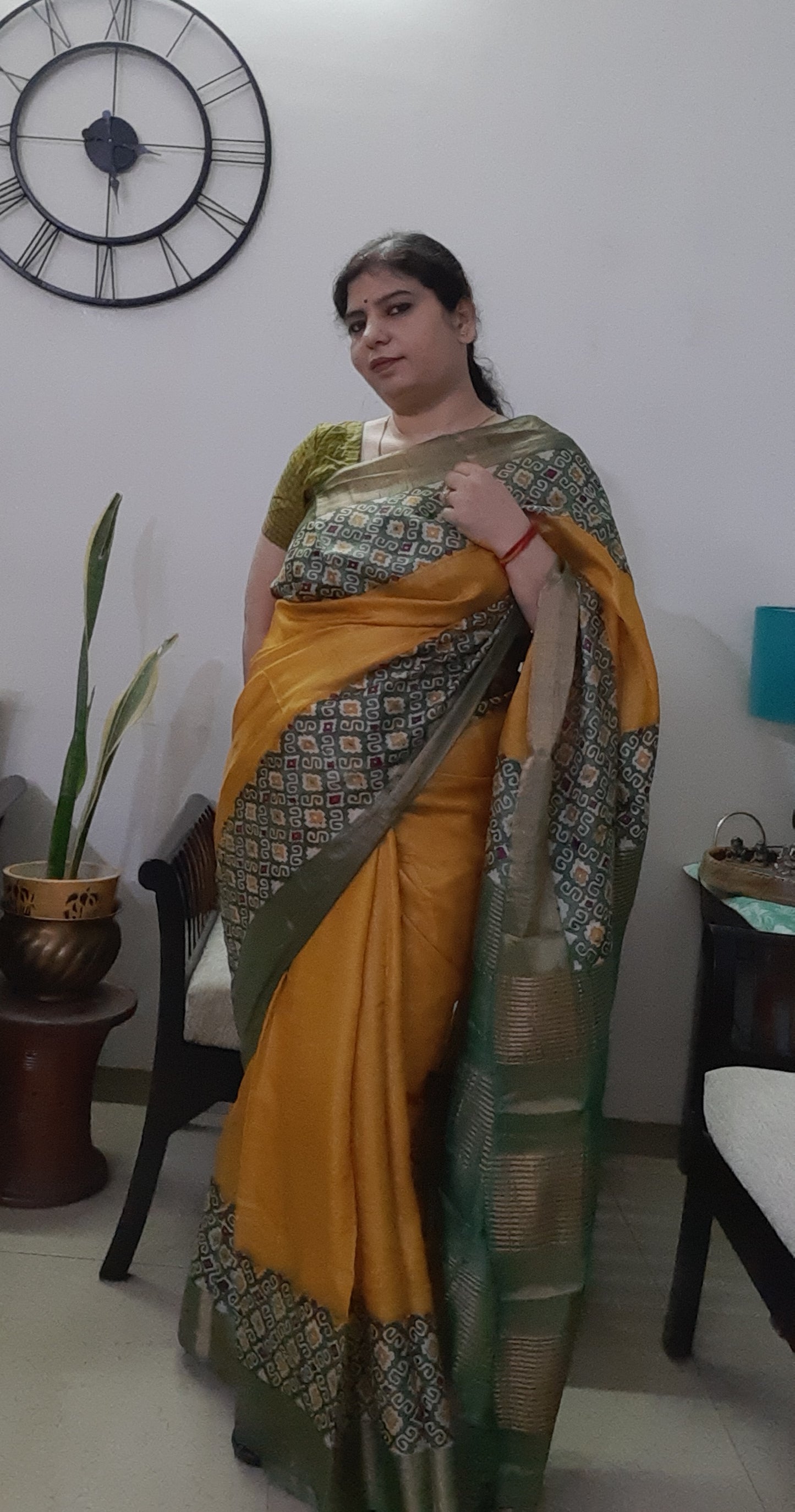 Mustard Yellow Pure Tussar Silk Saree With Green Ajrak Print