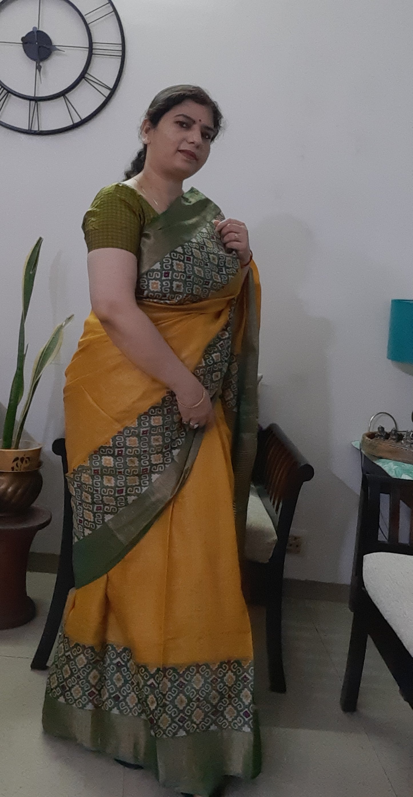 Mustard Yellow Pure Tussar Silk Saree With Green Ajrak Print