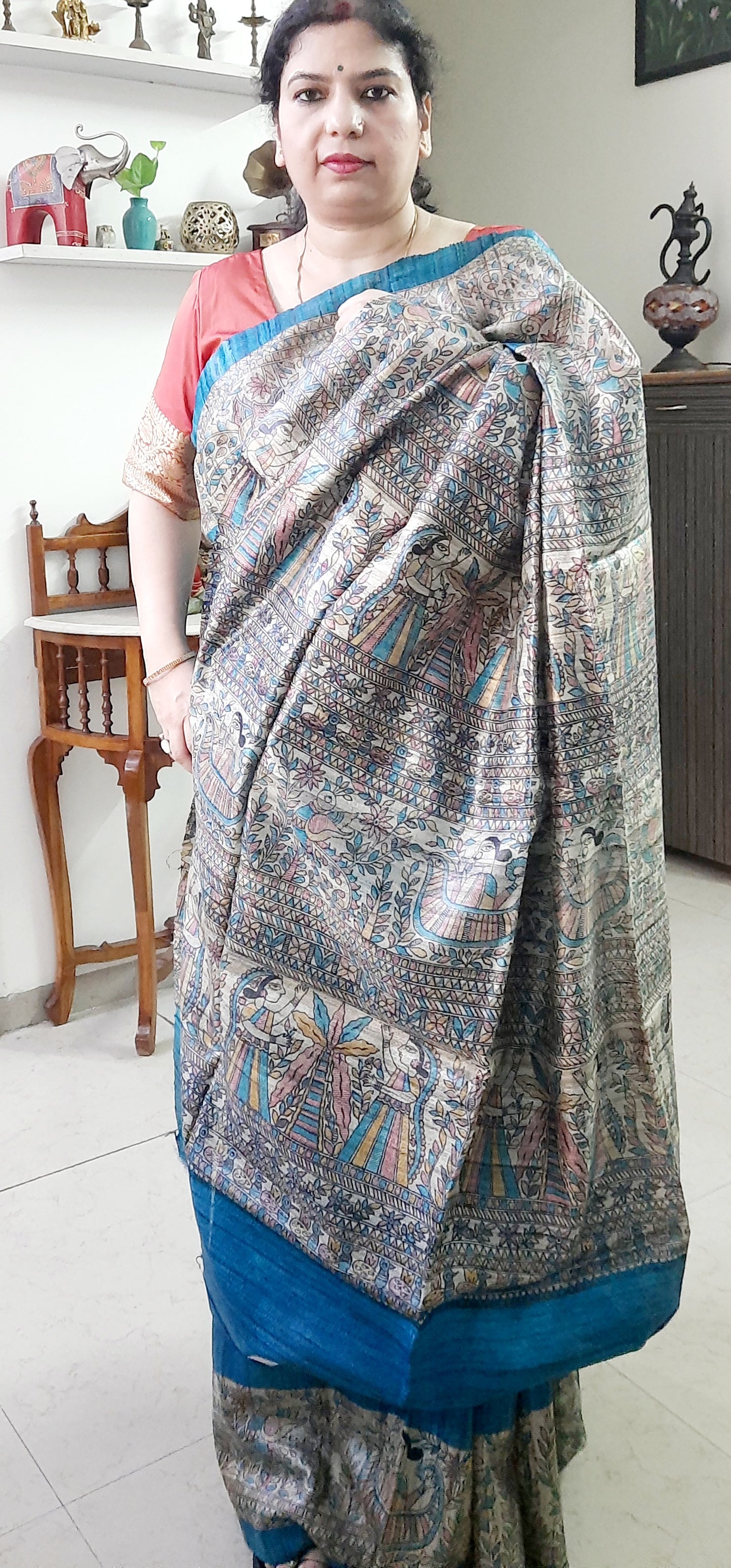 Blue Madhubani Printed Tussar Silk Saree