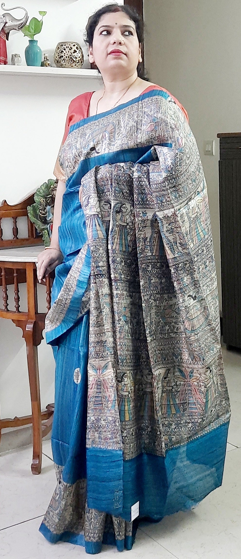 Blue Madhubani Printed Tussar Silk Saree