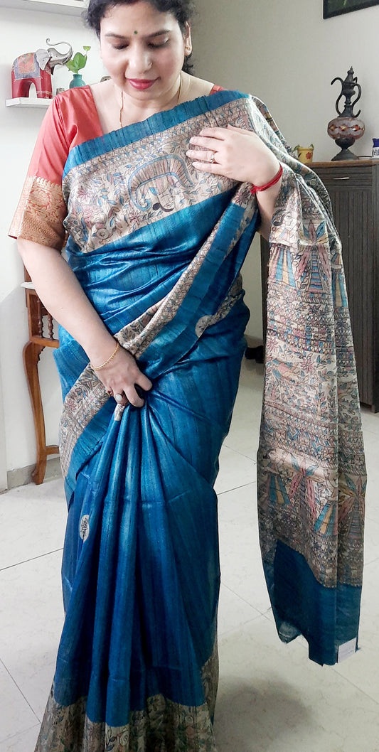 Blue Madhubani Printed Tussar Silk Saree