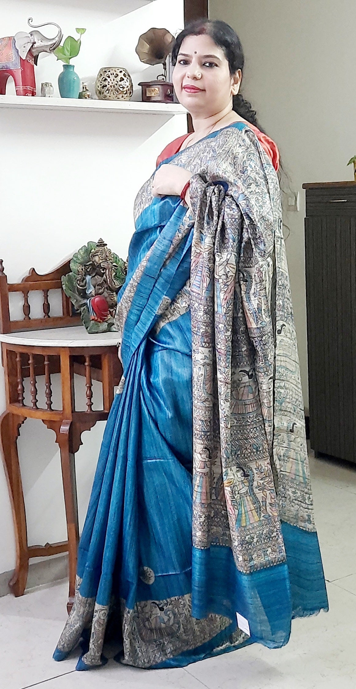Blue Madhubani Printed Tussar Silk Saree