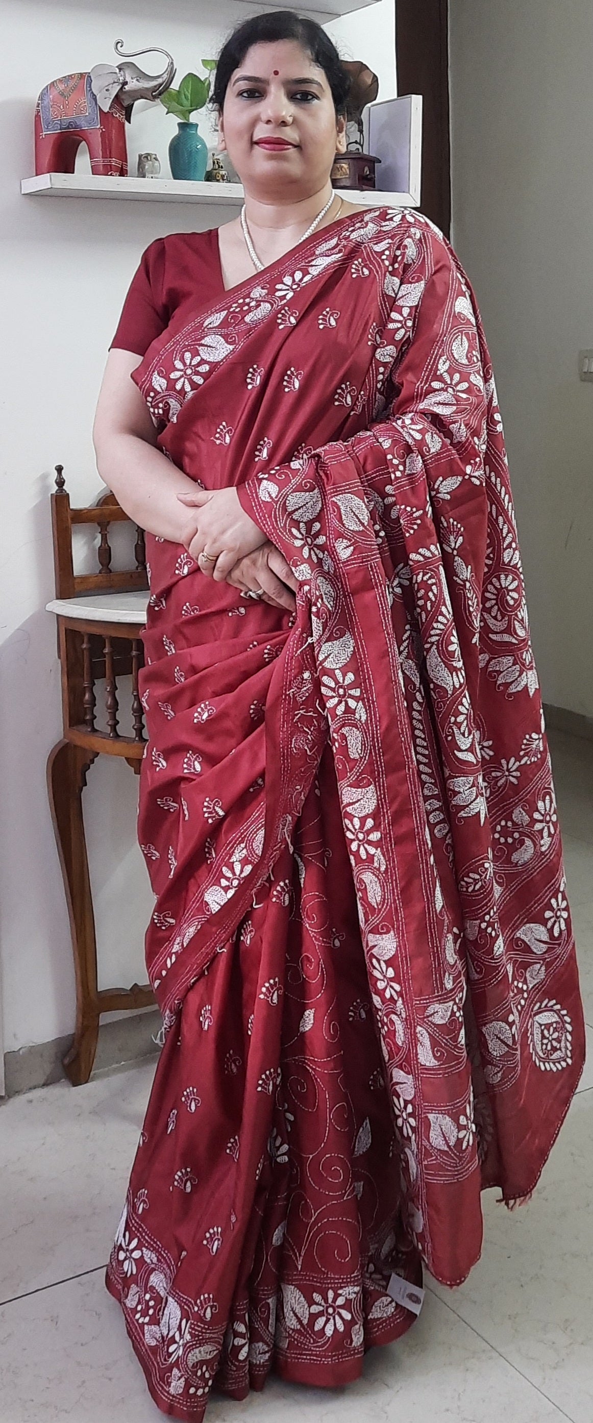 Maroon Silk Kantha Embroidered Saree