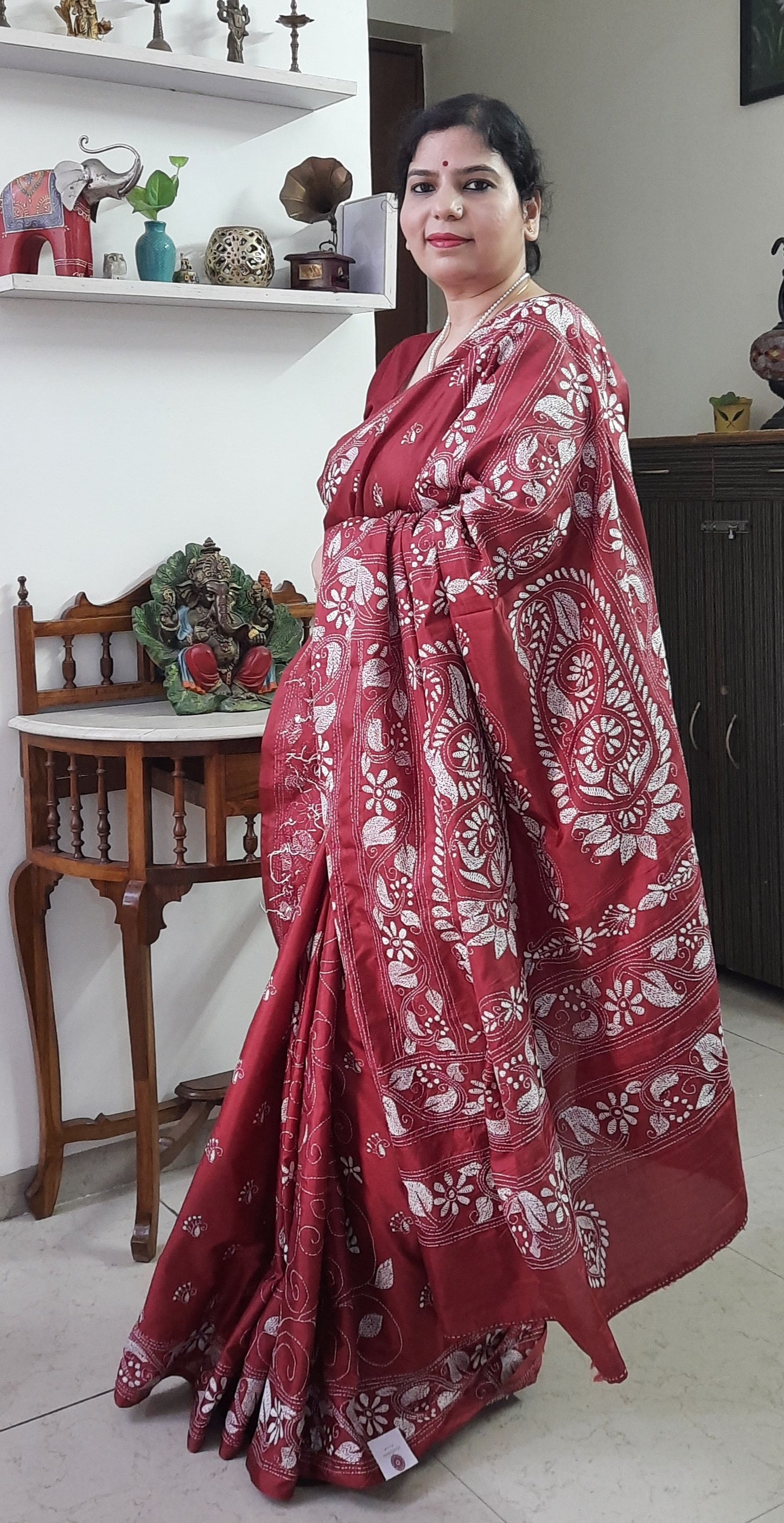Maroon Silk Kantha Embroidered Saree