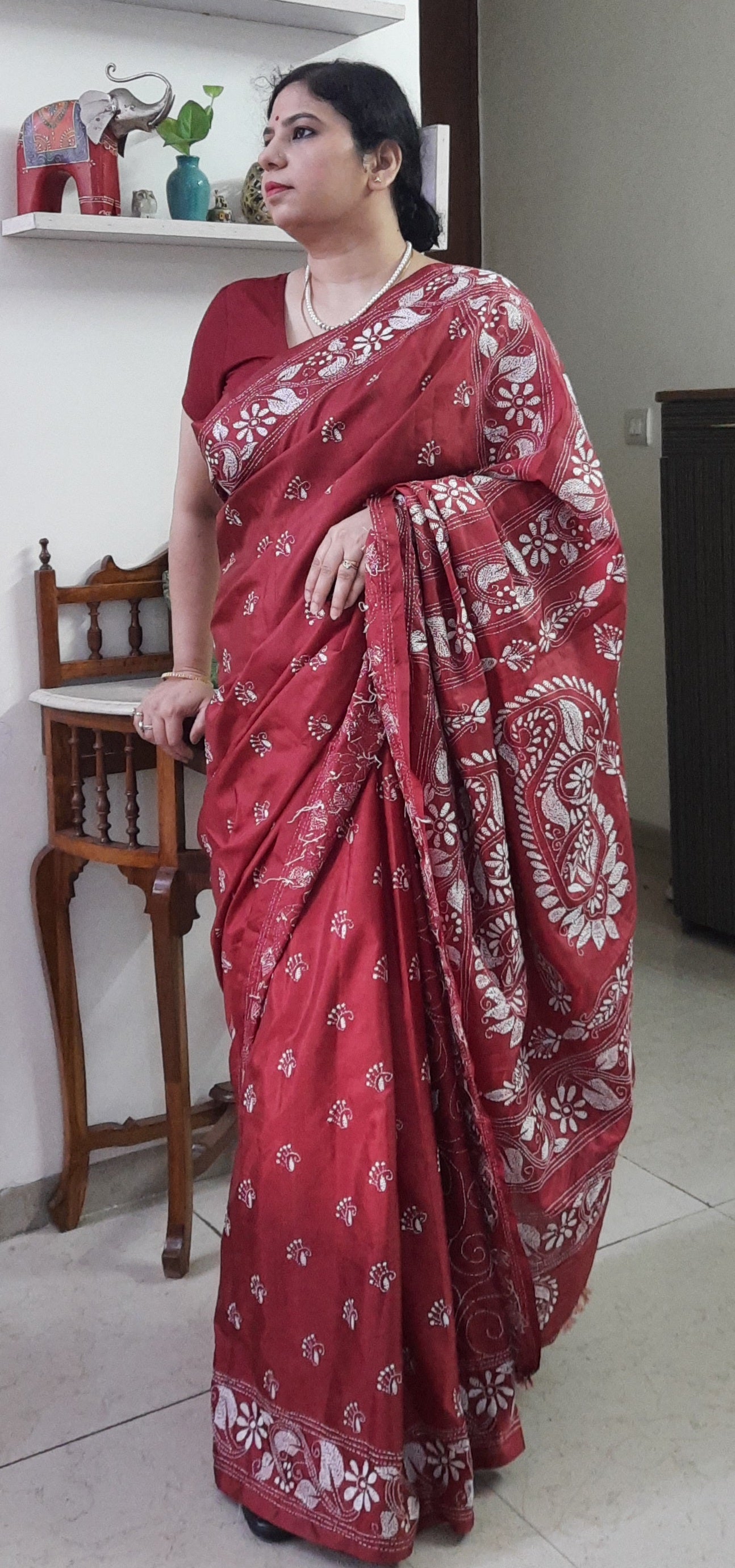 Maroon Silk Kantha Embroidered Saree