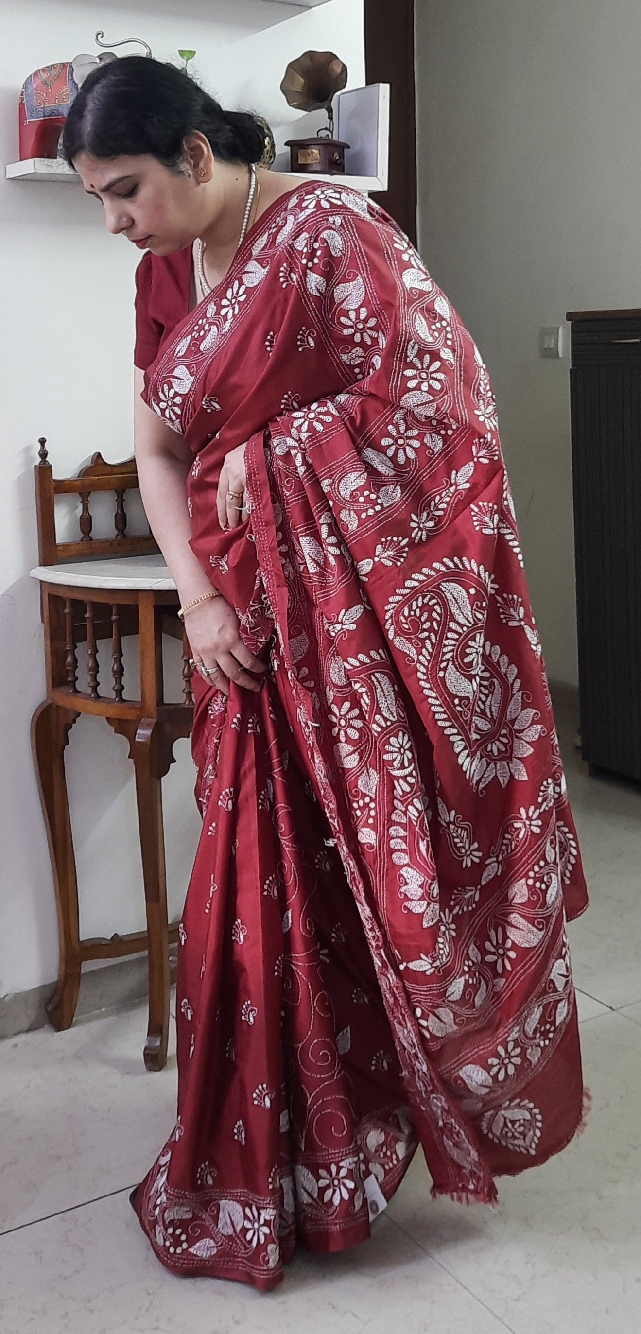 Maroon Silk Kantha Embroidered Saree