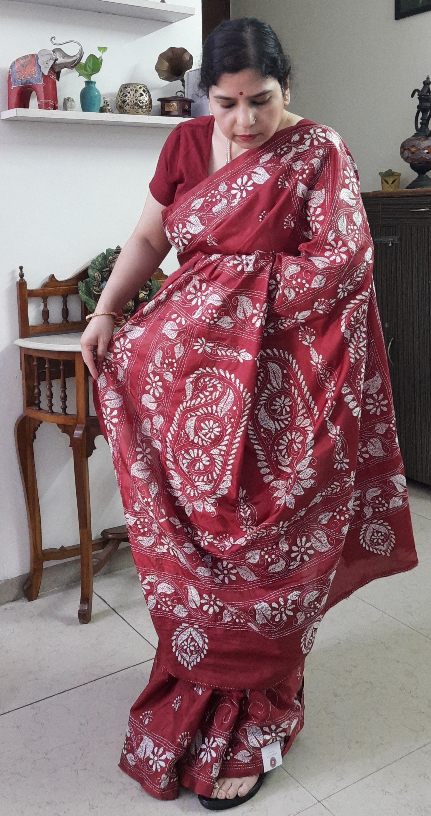 Maroon Silk Kantha Embroidered Saree