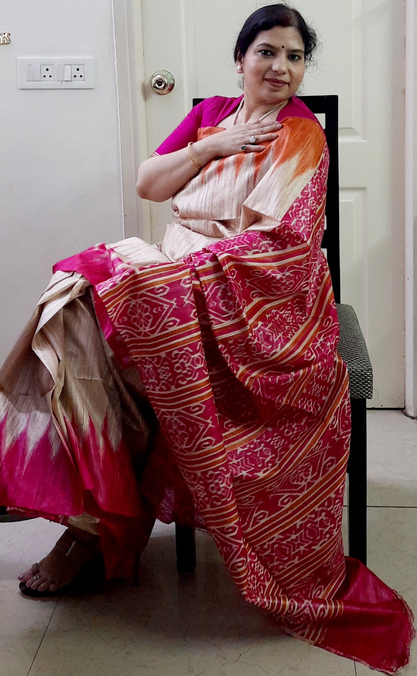 NITYA -Natural Color Tussar Silk Saree (Orange-Fuchsia)