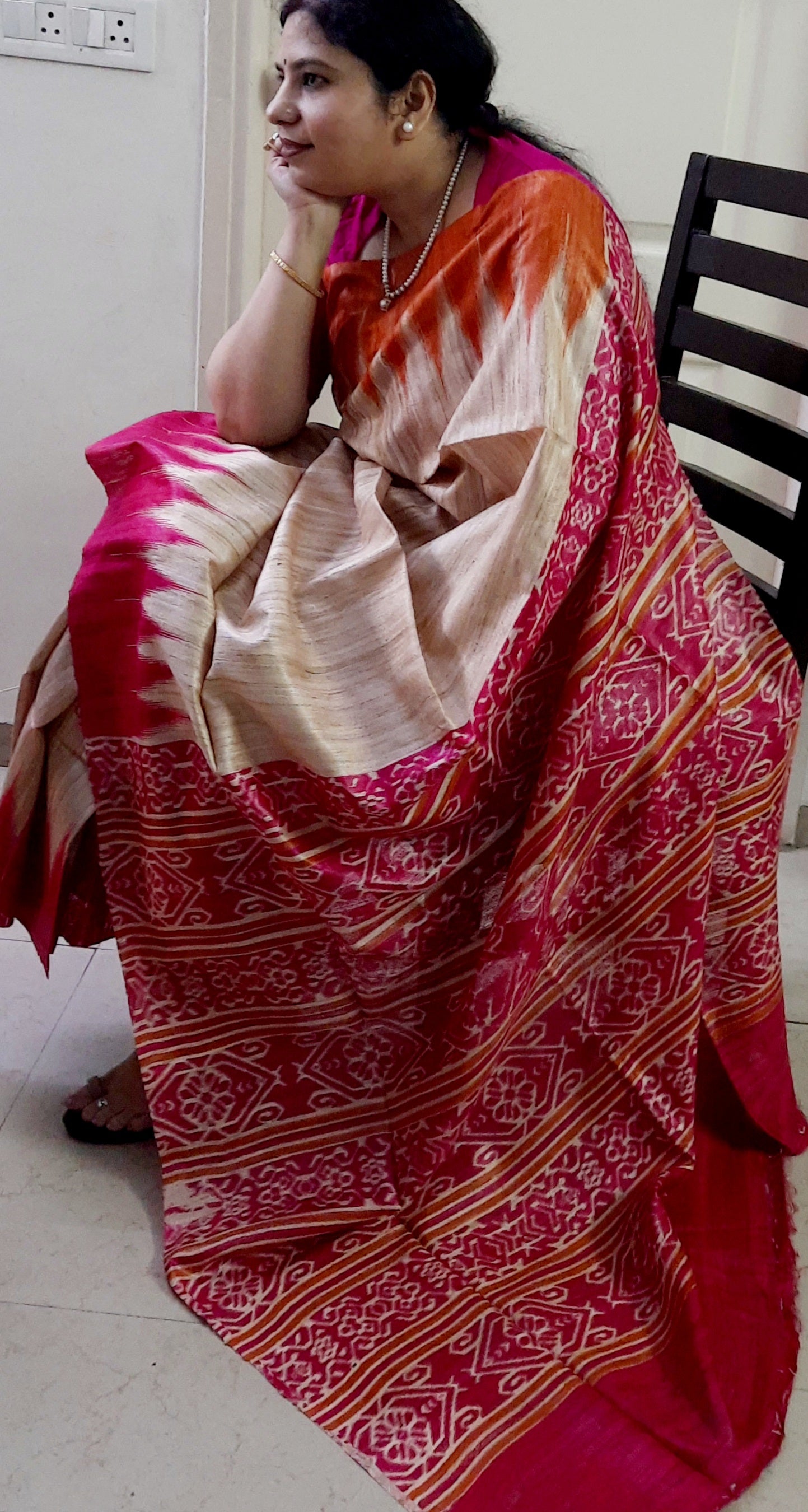 NITYA -Natural Color Tussar Silk Saree (Orange-Fuchsia)