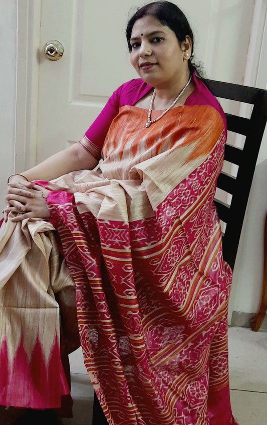 NITYA -Natural Color Tussar Silk Saree (Orange-Fuchsia)