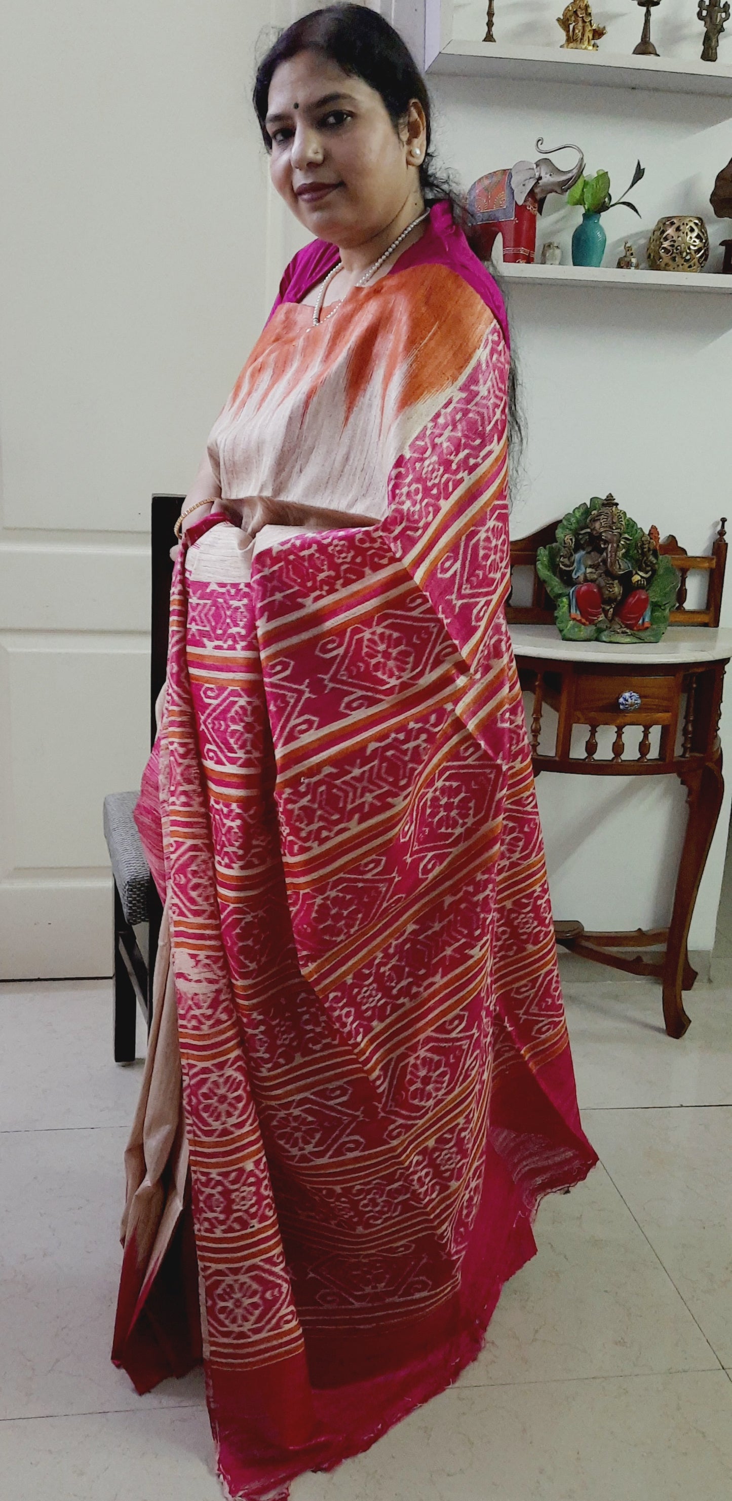 NITYA -Natural Color Tussar Silk Saree (Orange-Fuchsia)