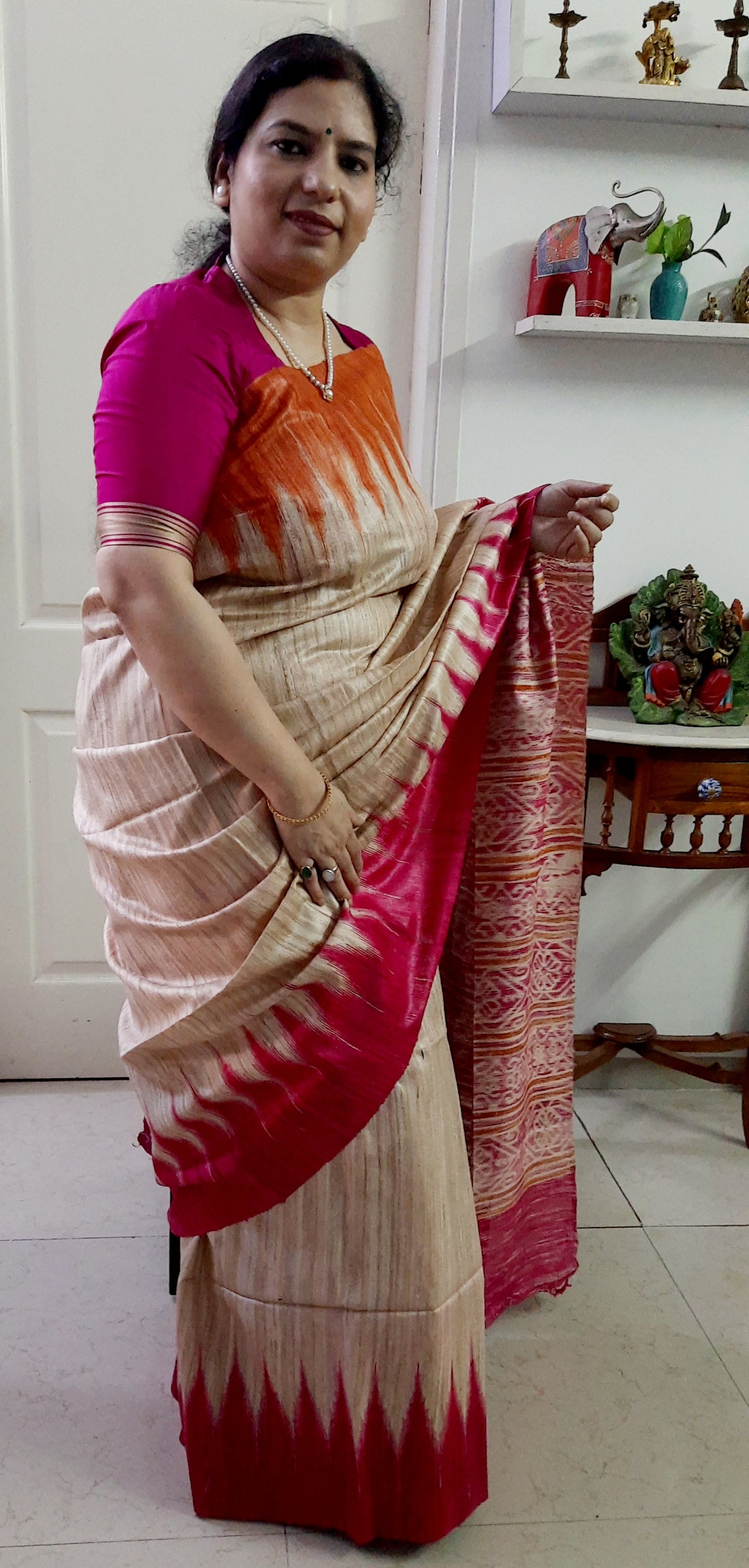 NITYA -Natural Color Tussar Silk Saree (Orange-Fuchsia)