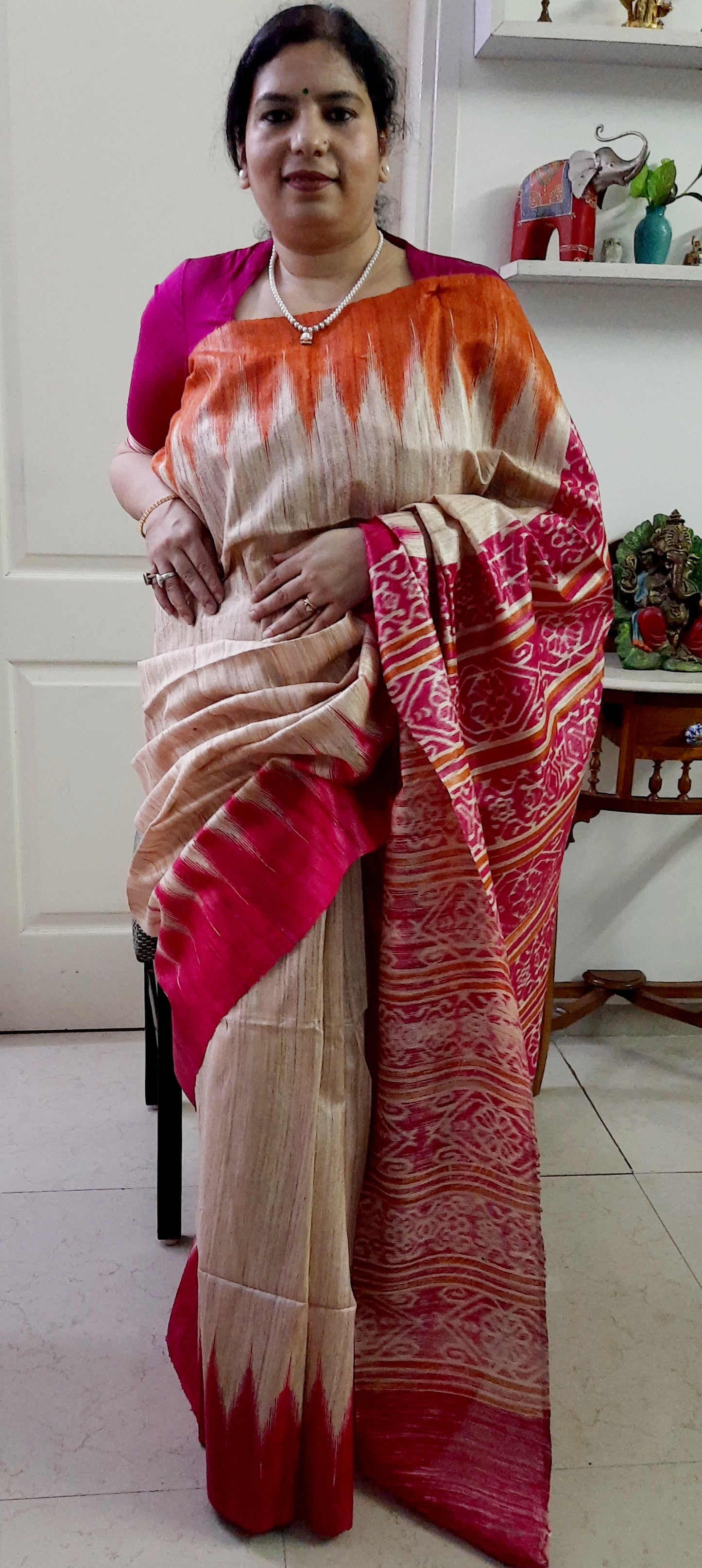 NITYA -Natural Color Tussar Silk Saree (Orange-Fuchsia)