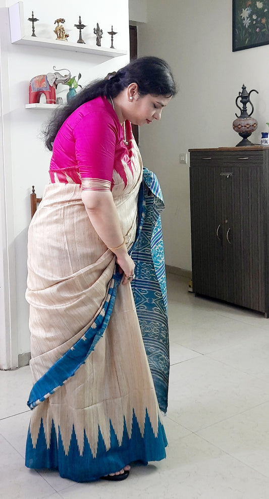 SATYA - Natural Color Tussar Silk Saree (Fuchsia-Blue)