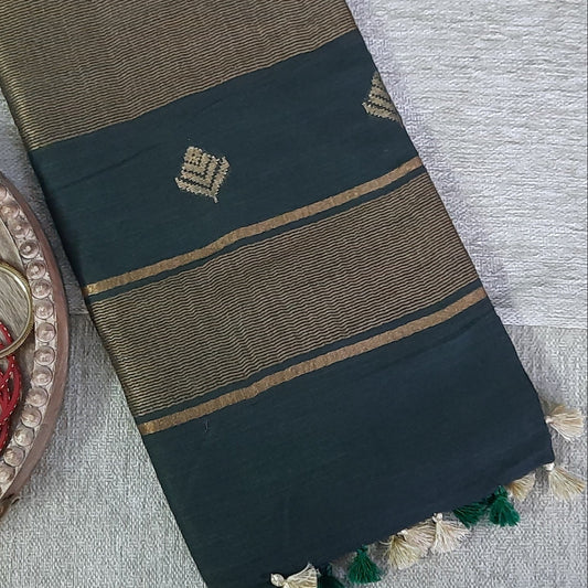 Bottle Green Cotton Silk Zari Buta Saree