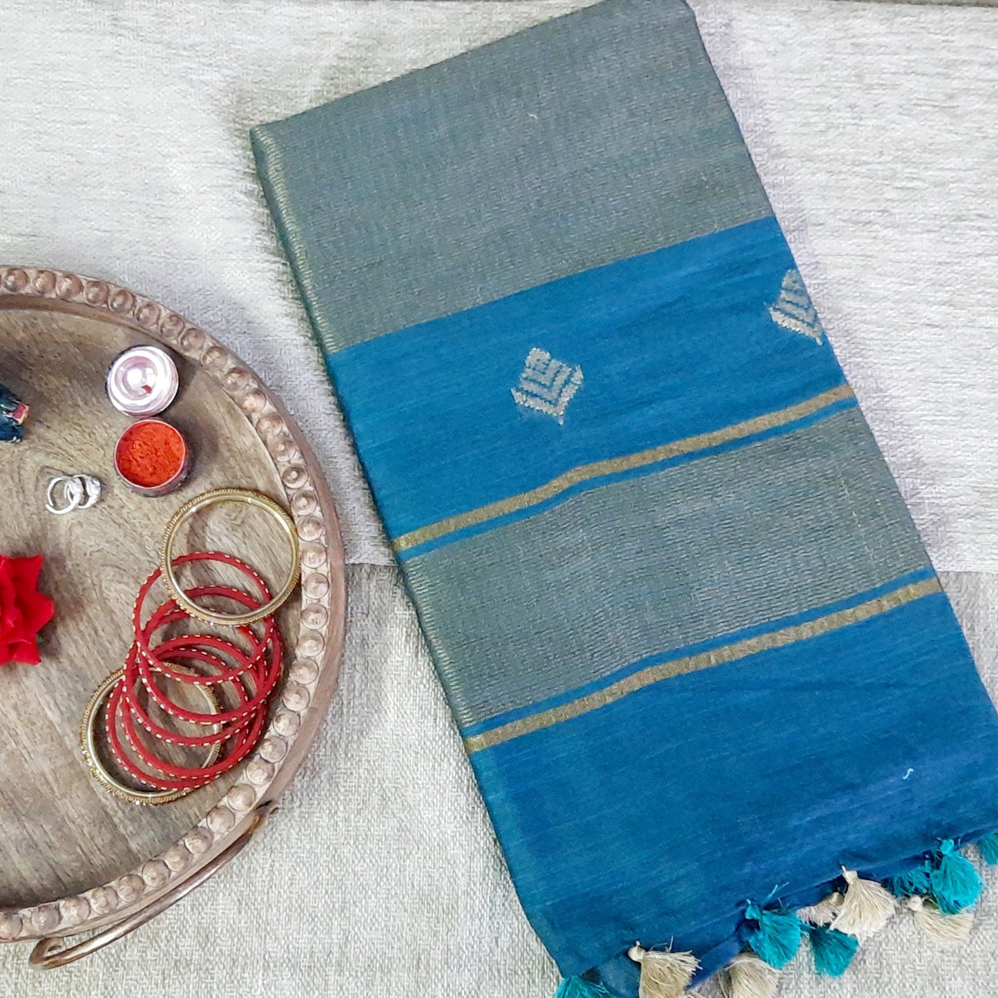 Teal Blue Cotton Silk Zari Buta Saree