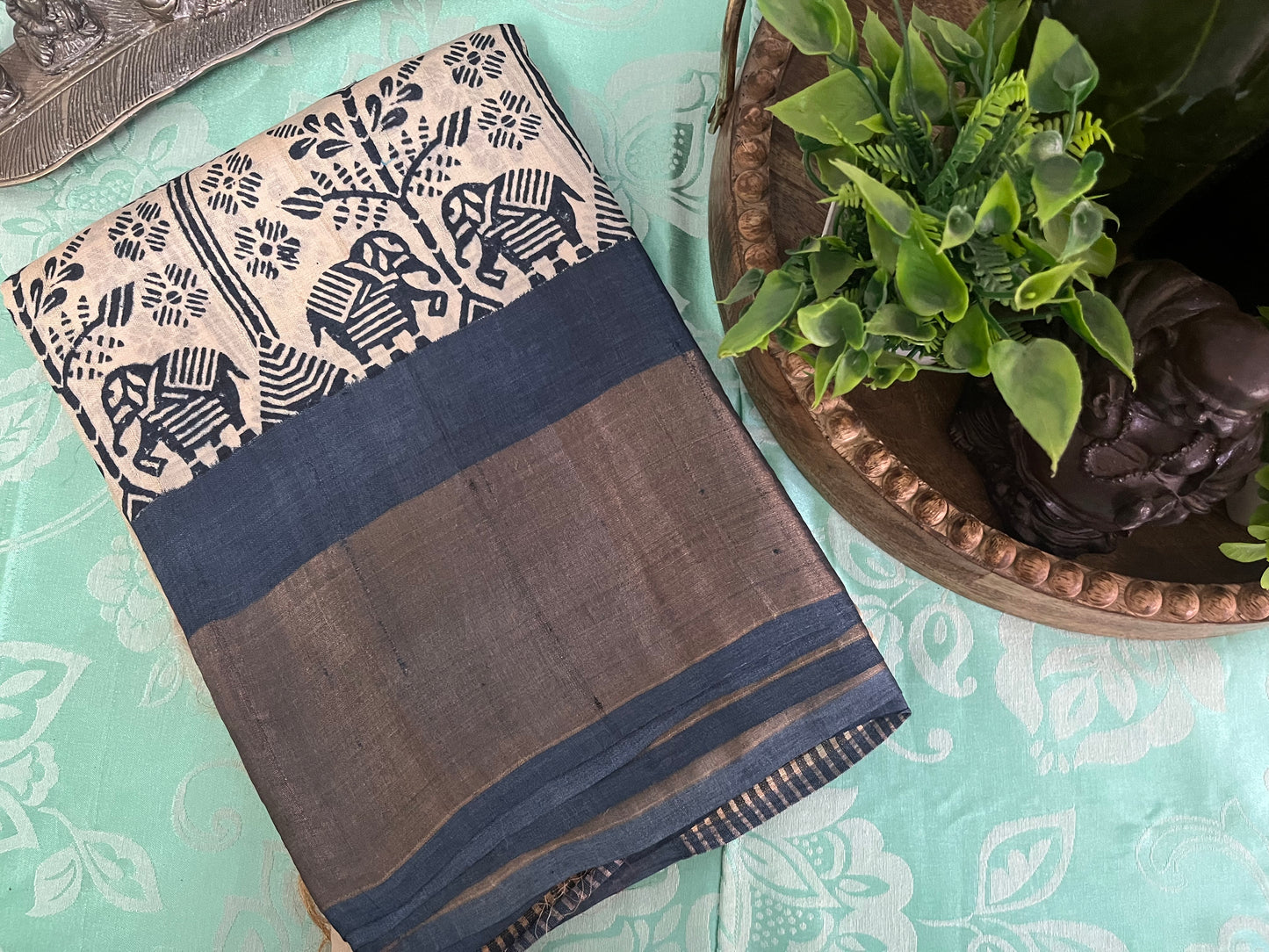 Cream Pure Tussar Silk Saree With Steel Grey and Fuscia Pink prints