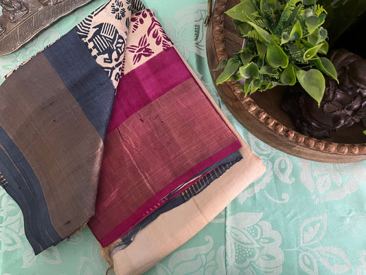 Cream Pure Tussar Silk Saree With Steel Grey and Fuscia Pink prints