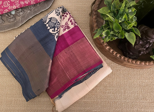 Cream Pure Tussar Silk Saree With Steel Grey and Fuscia Pink prints