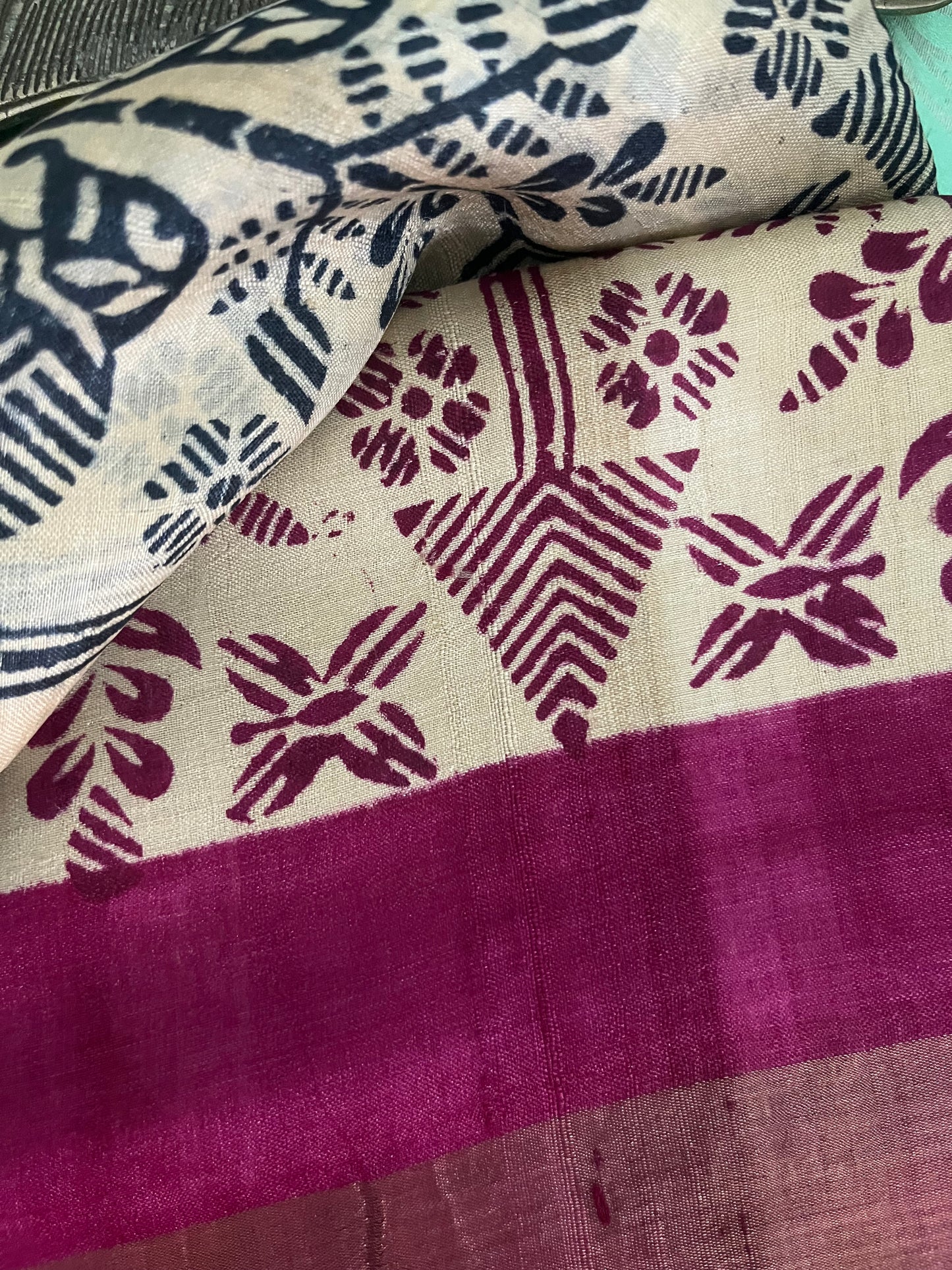 Cream Pure Tussar Silk Saree With Steel Grey and Fuscia Pink prints