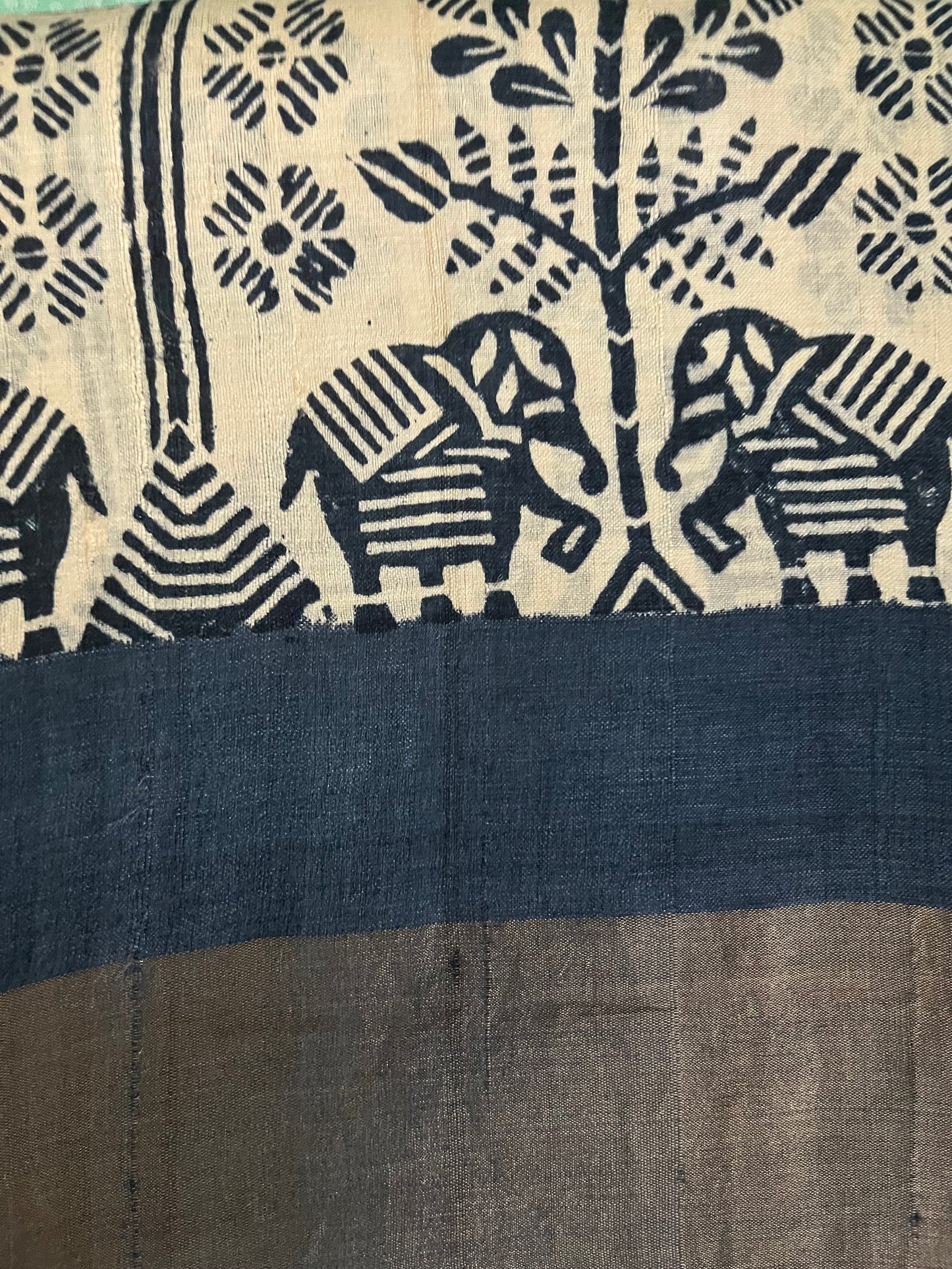 Cream Pure Tussar Silk Saree With Steel Grey and Fuscia Pink prints