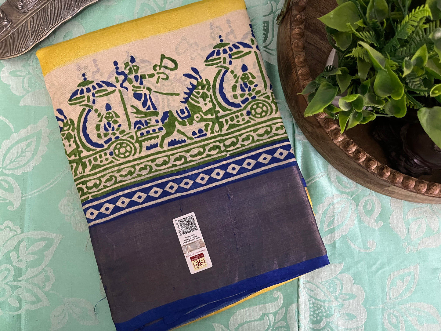 Yellow Pure Tussar Silk Saree with prints