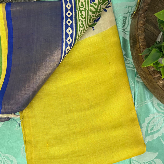 Yellow Pure Tussar Silk Saree with Prints