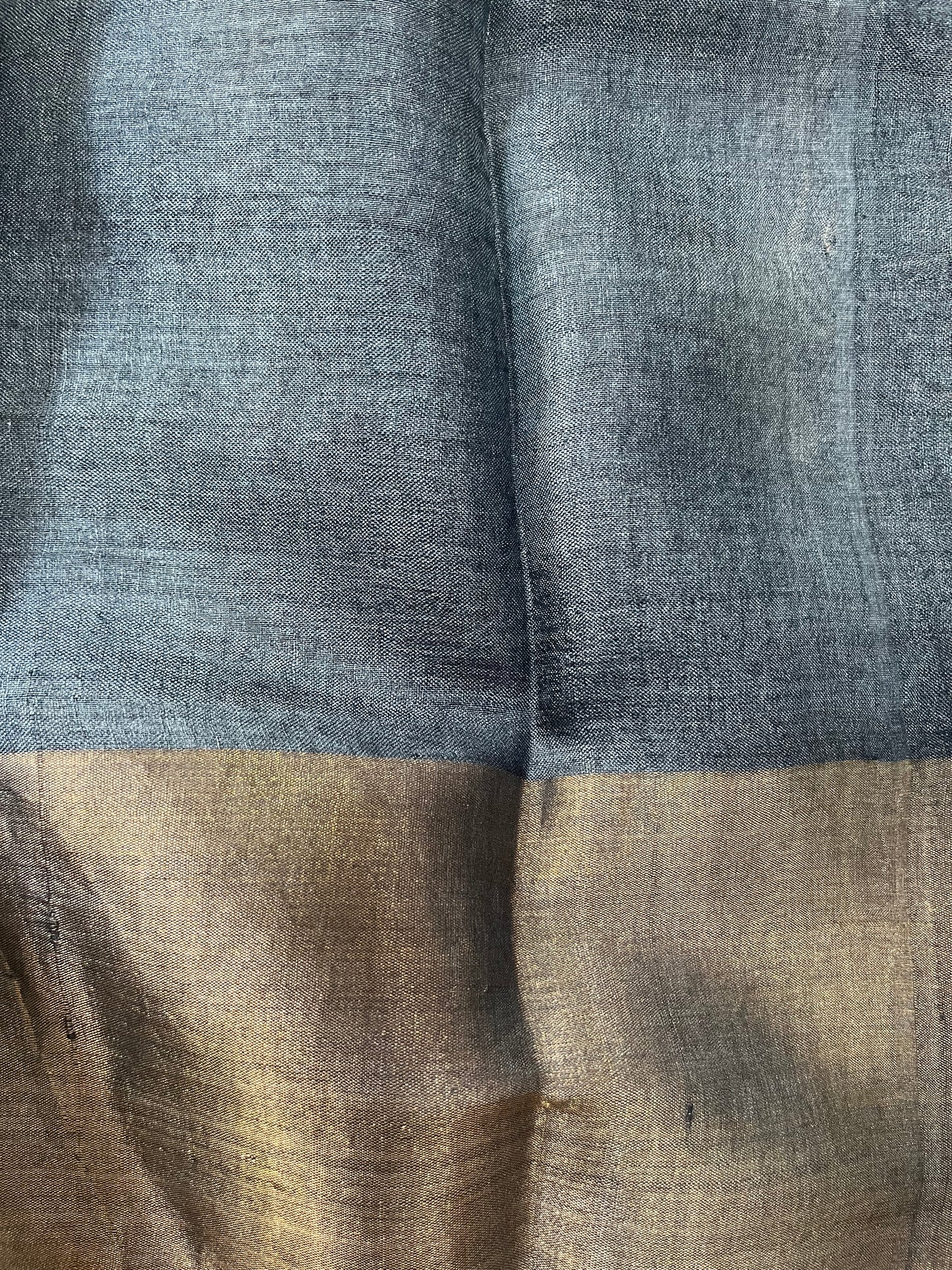 Cream Pure Tussar Silk Saree With Steel Grey and Fuscia Pink prints