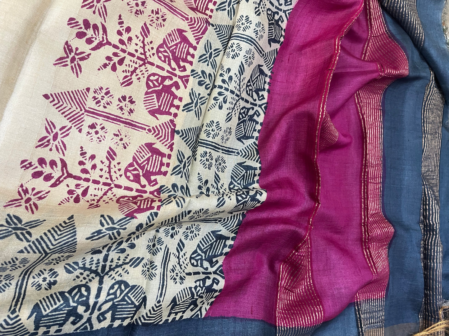 Cream Pure Tussar Silk Saree With Steel Grey and Fuscia Pink prints