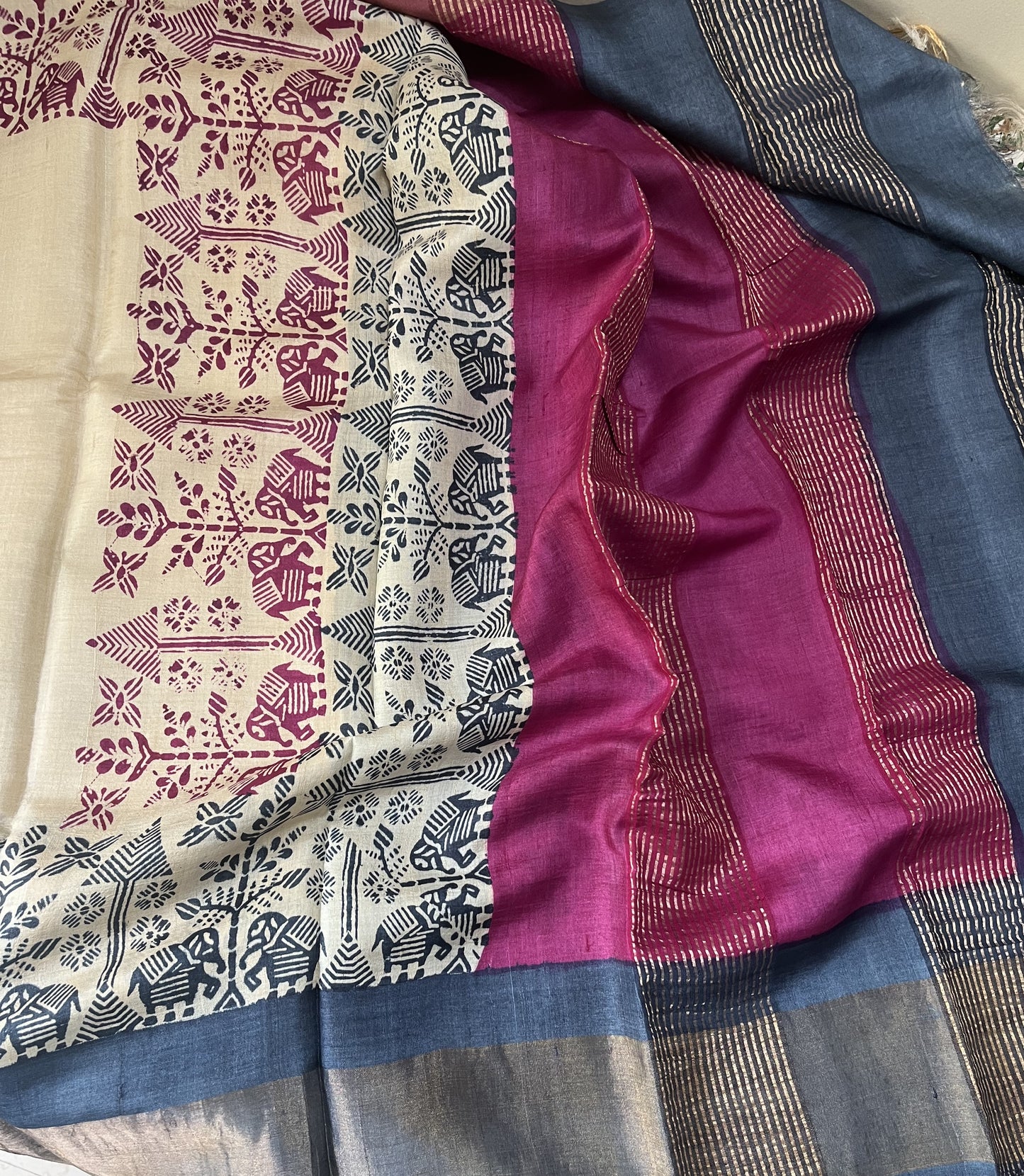 Cream Pure Tussar Silk Saree With Steel Grey and Fuscia Pink prints