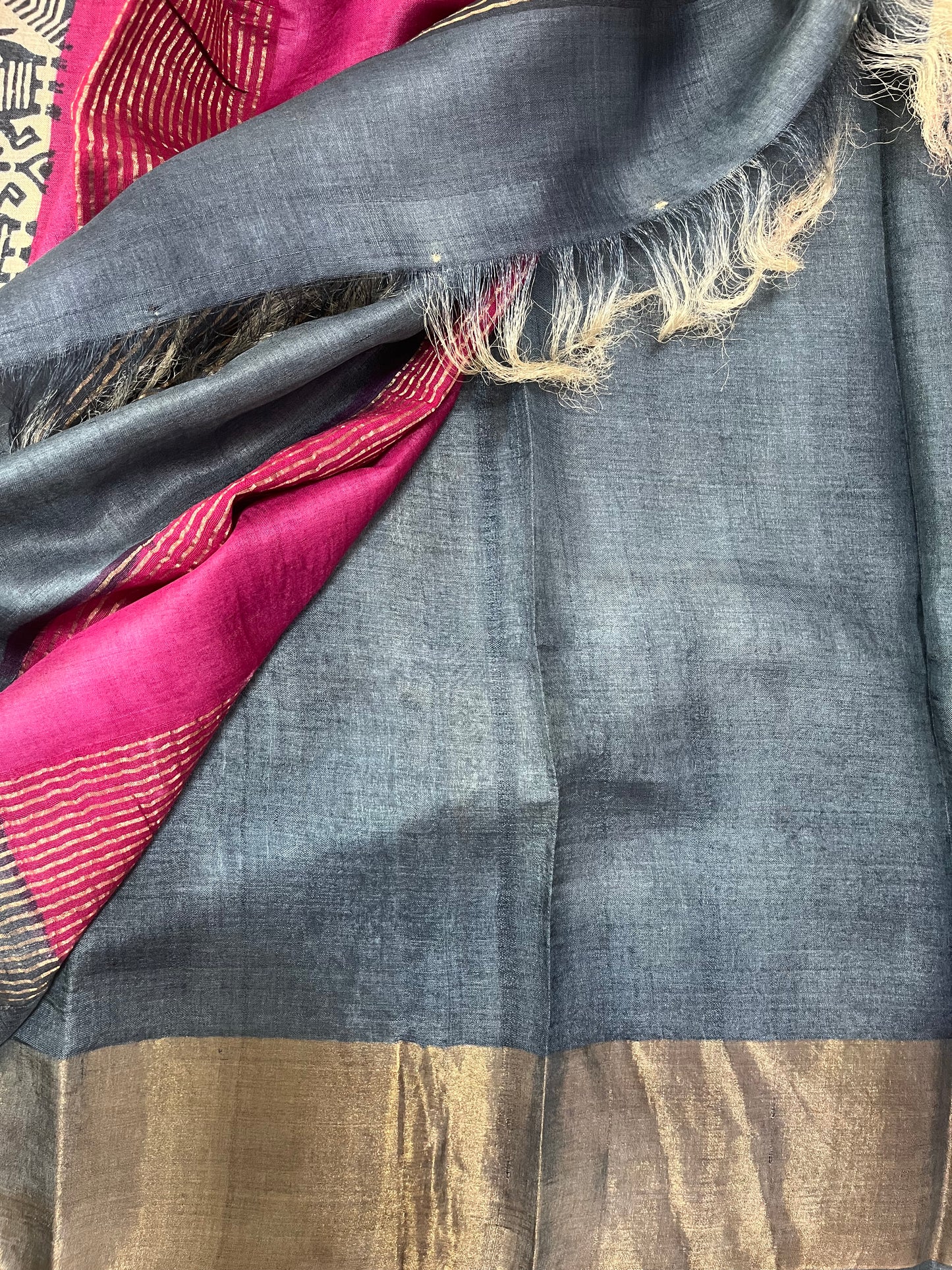 Cream Pure Tussar Silk Saree With Steel Grey and Fuscia Pink prints
