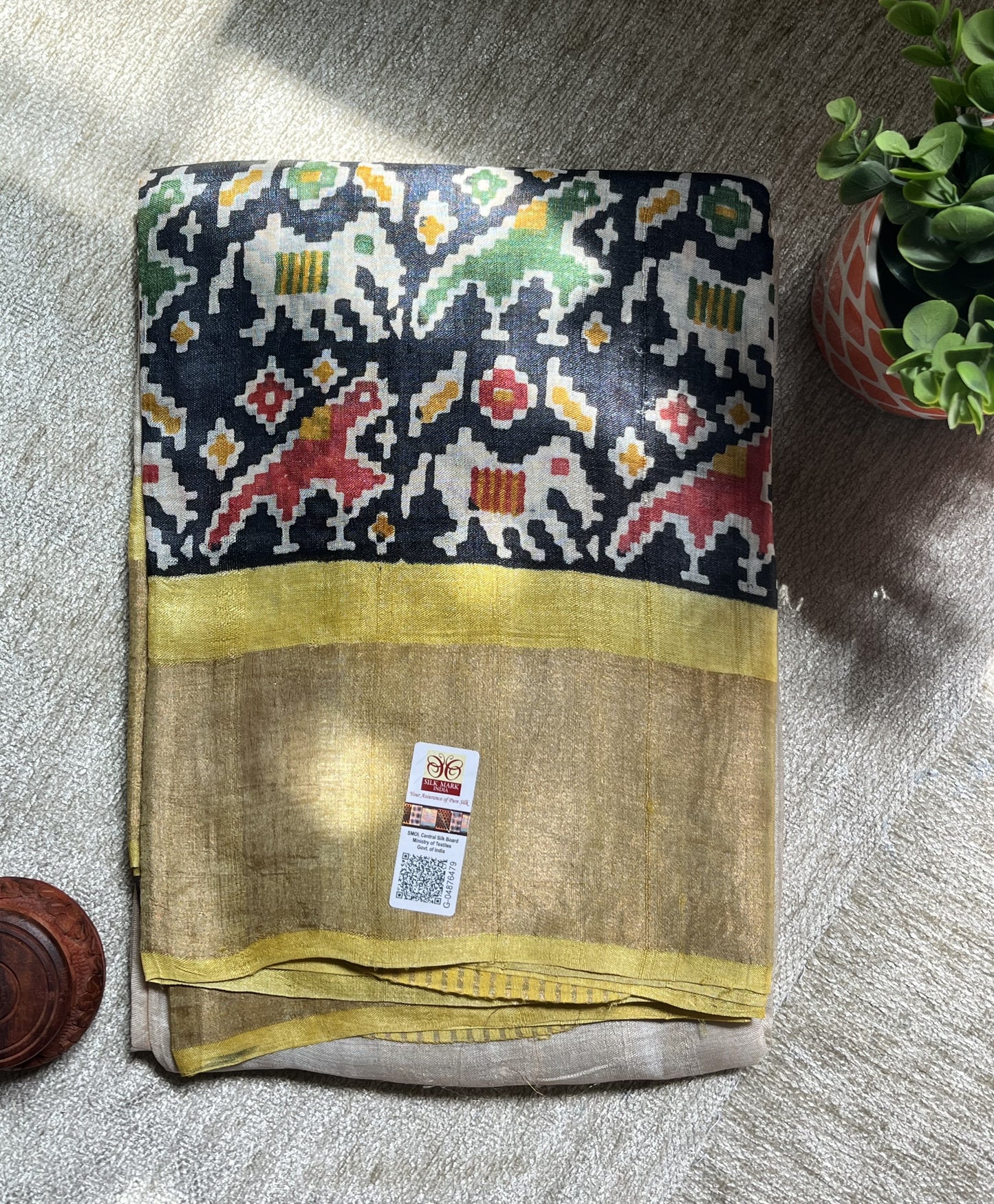 Cream Tussar Silk Saree with Patola Zari Border