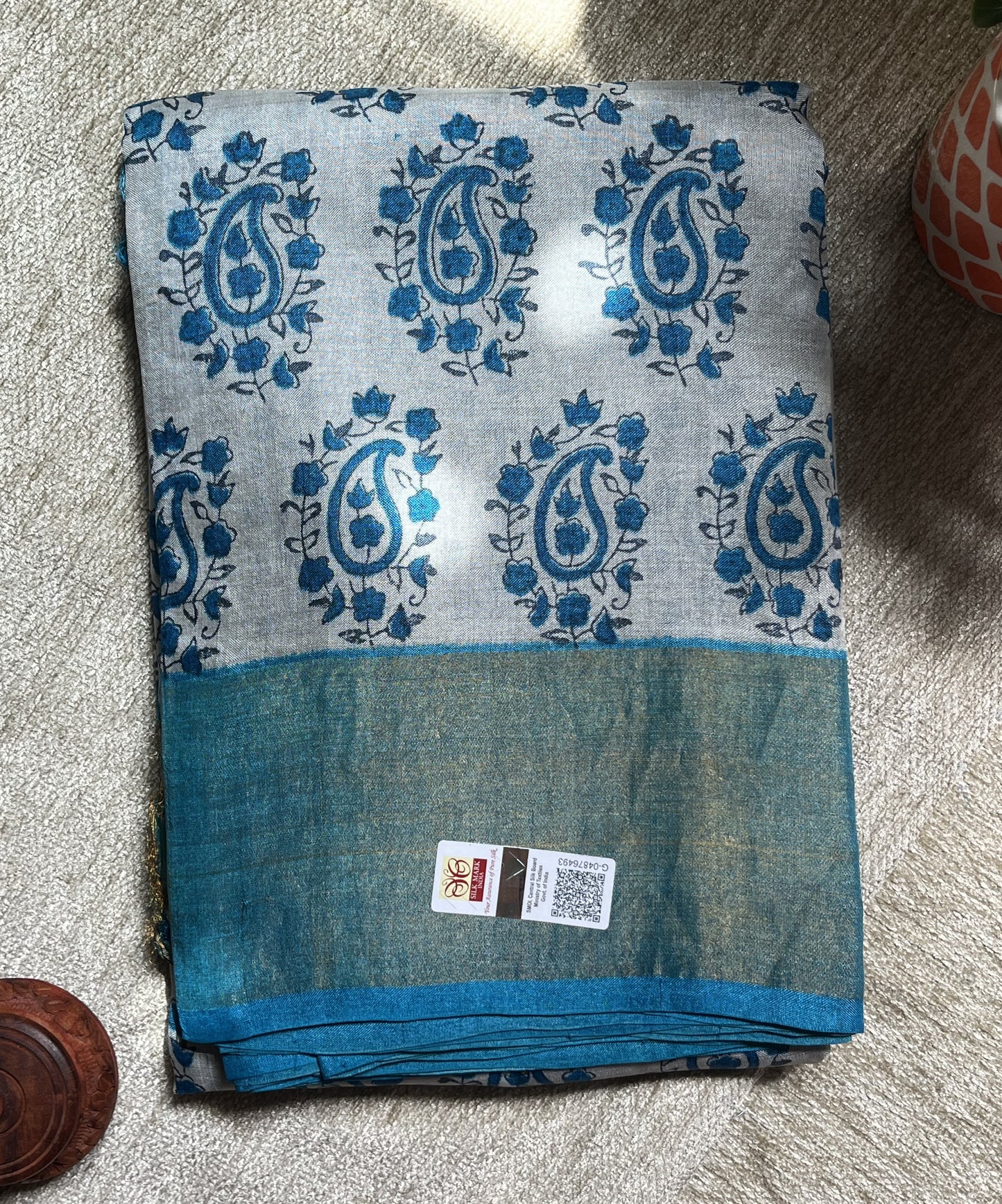 Steel Grey Tussar Silk Saree - Mango Motif