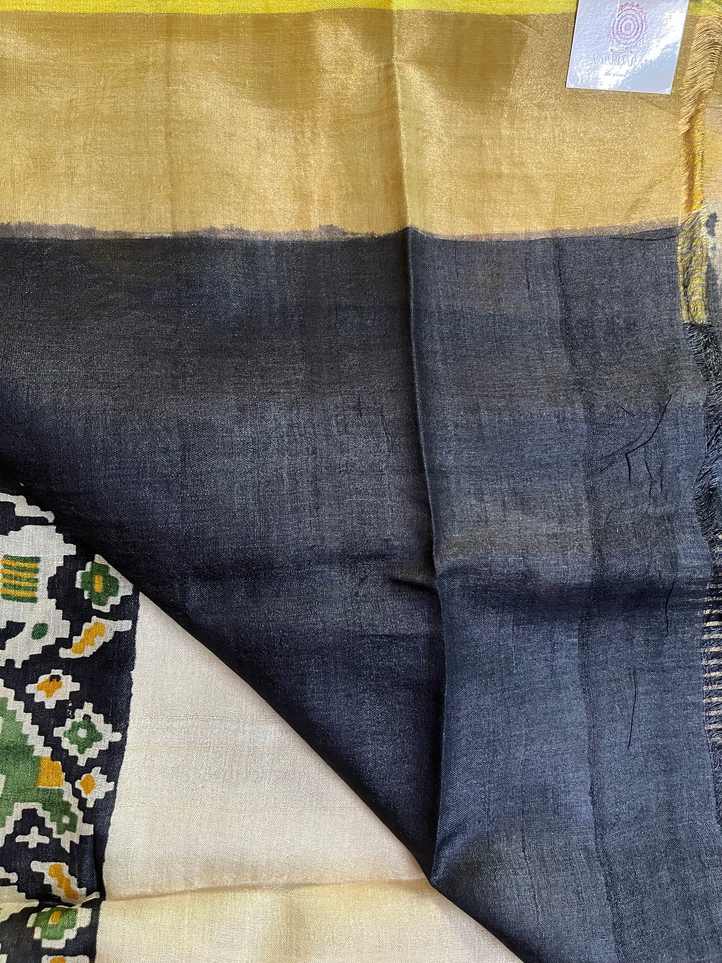 Cream Tussar Silk Saree with Patola Zari Border