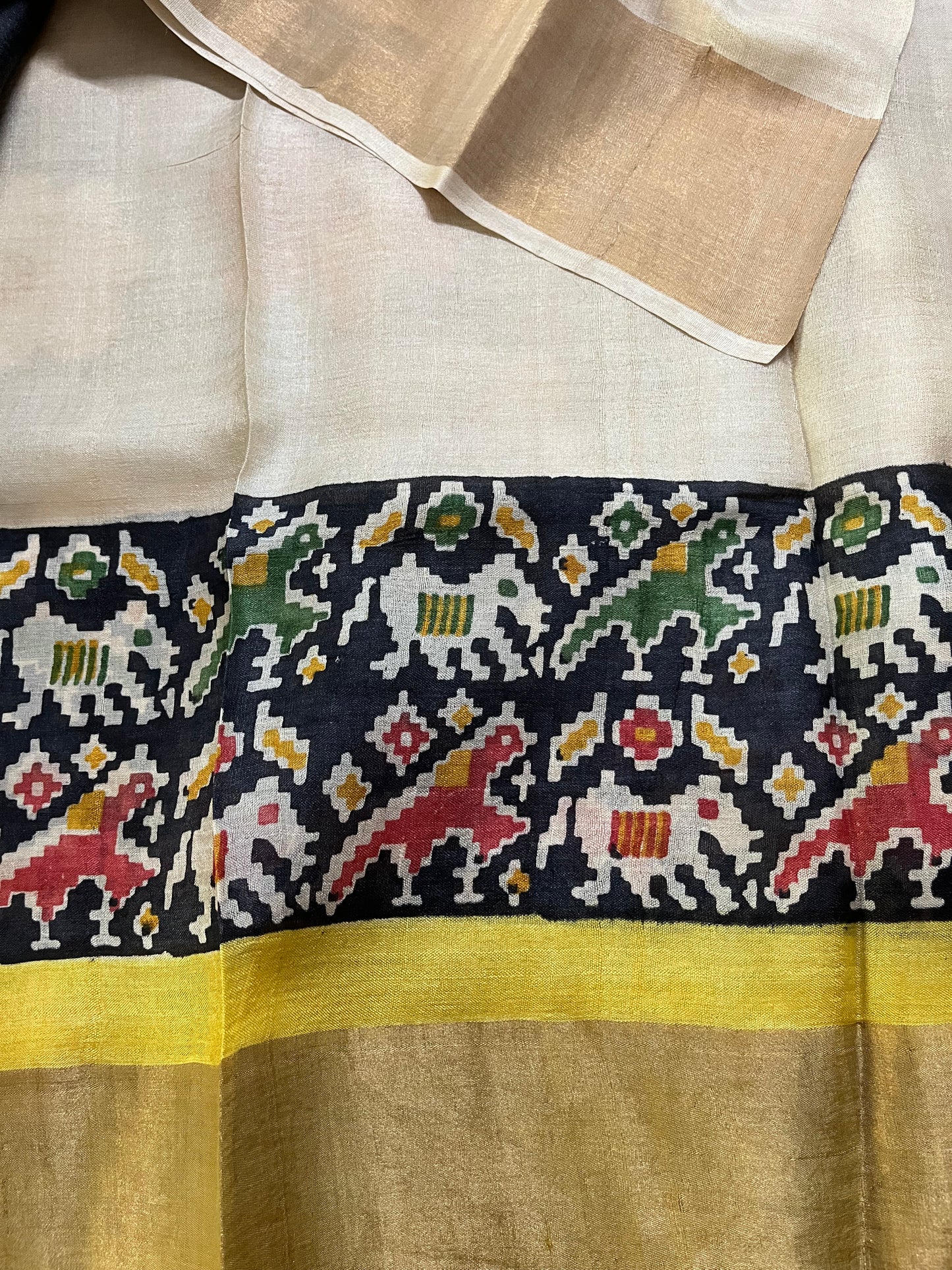 Cream Tussar Silk Saree with Patola Zari Border