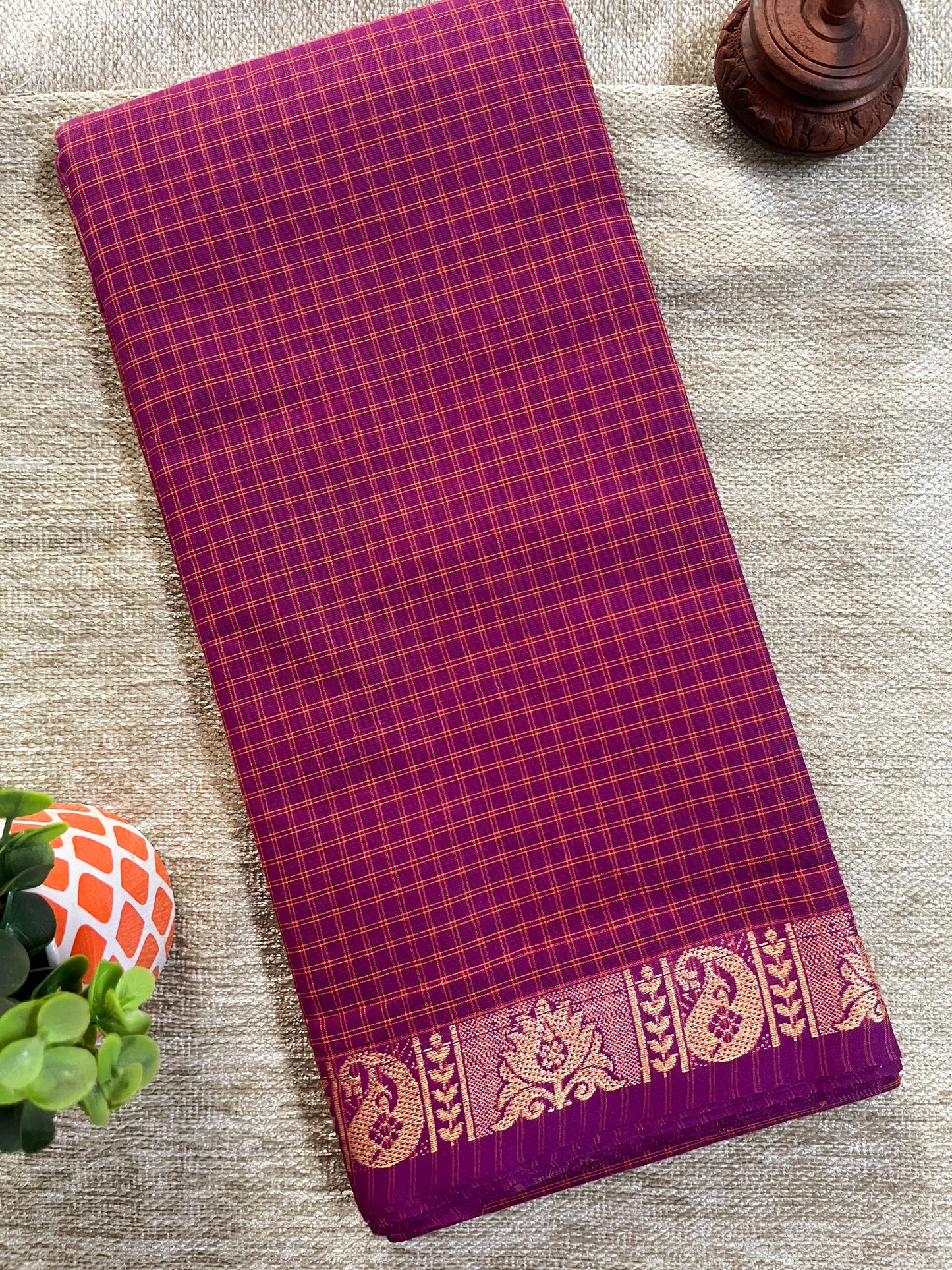 Purple Checks Pure Cotton Saree