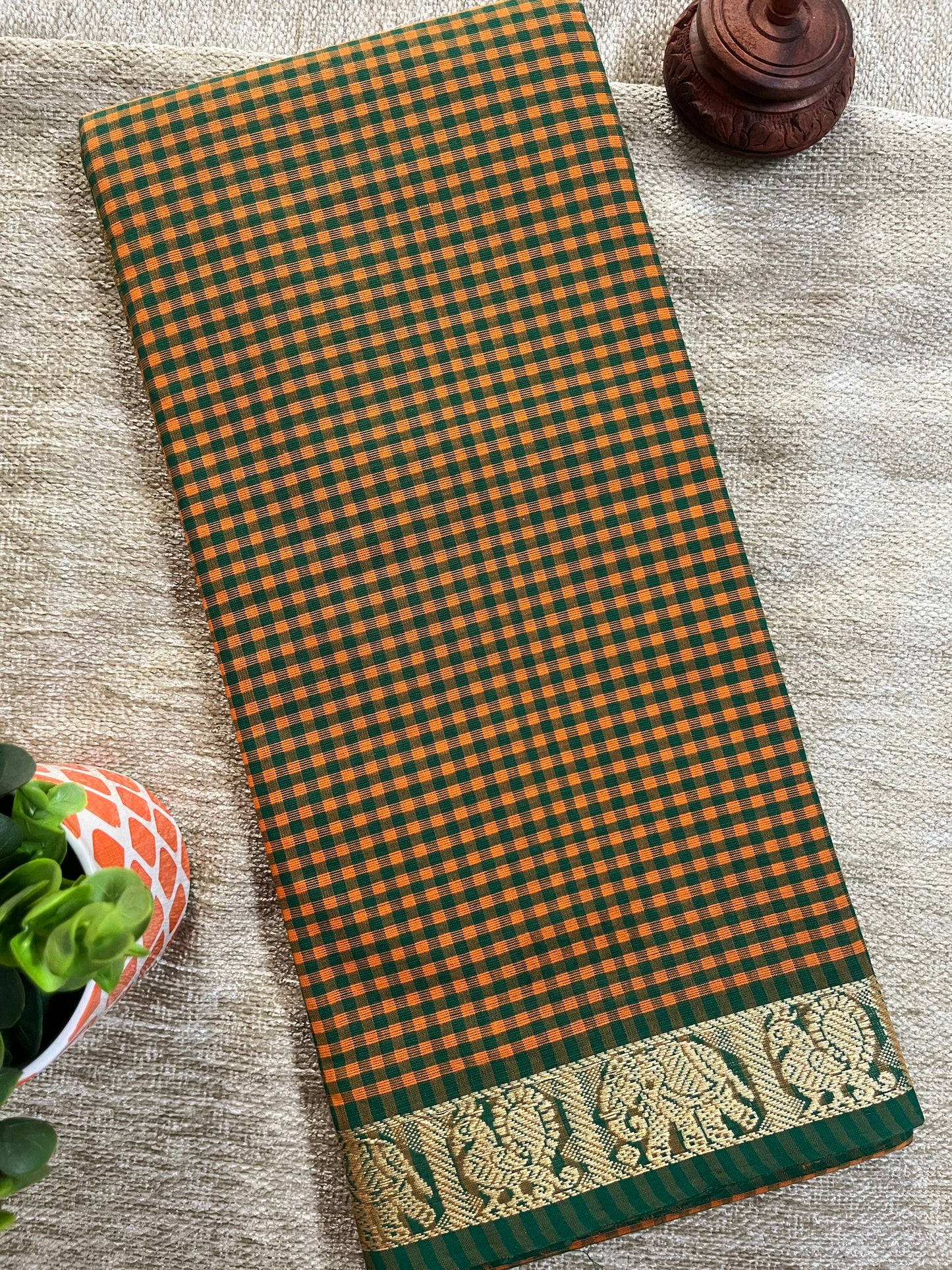 Green and Yellow Checks Pure Cotton Saree