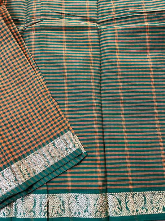 Green and Yellow Checks Pure Cotton Saree