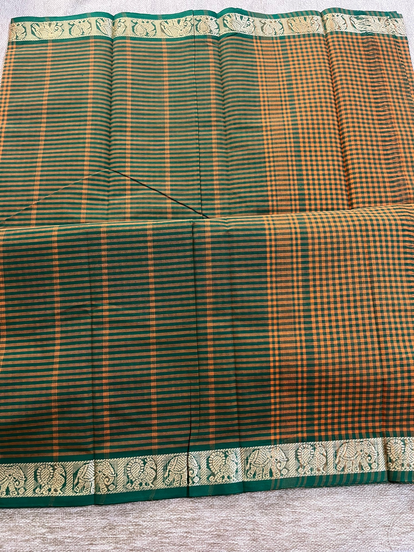 Green and Yellow Checks Pure Cotton Saree
