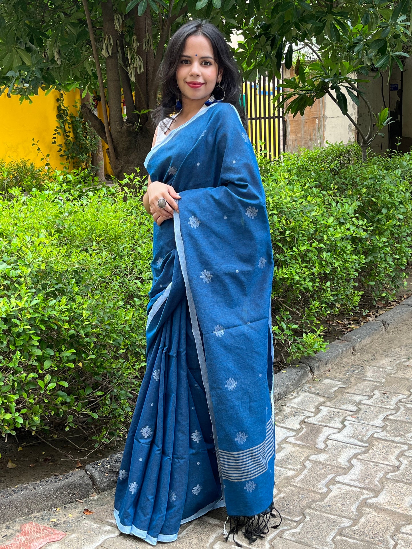 SWADHA - Blue Khadi Cotton Jamdani Saree