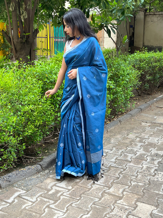 SWADHA - Blue Khadi Cotton Jamdani Saree