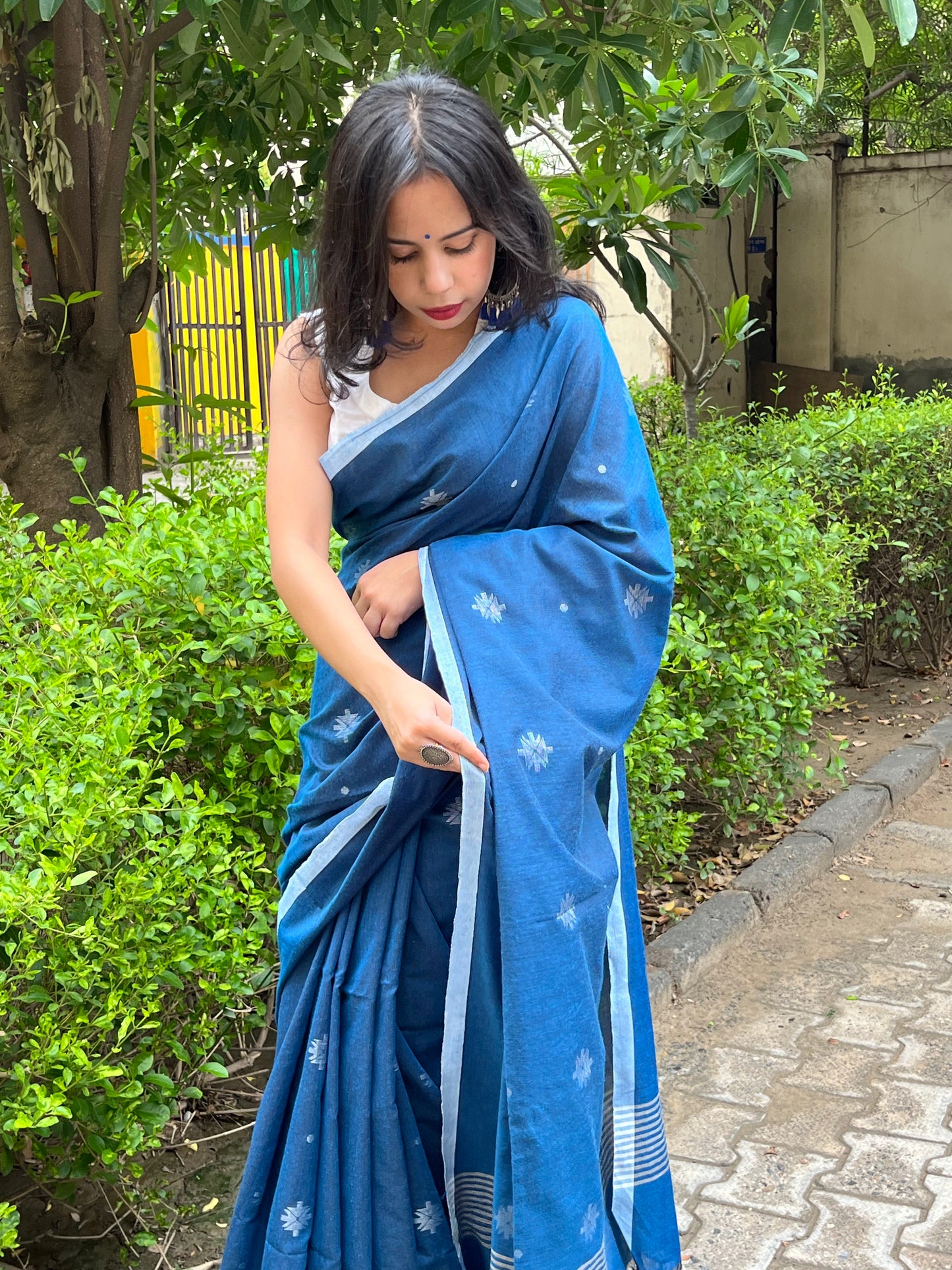 SWADHA - Blue Khadi Cotton Jamdani Saree